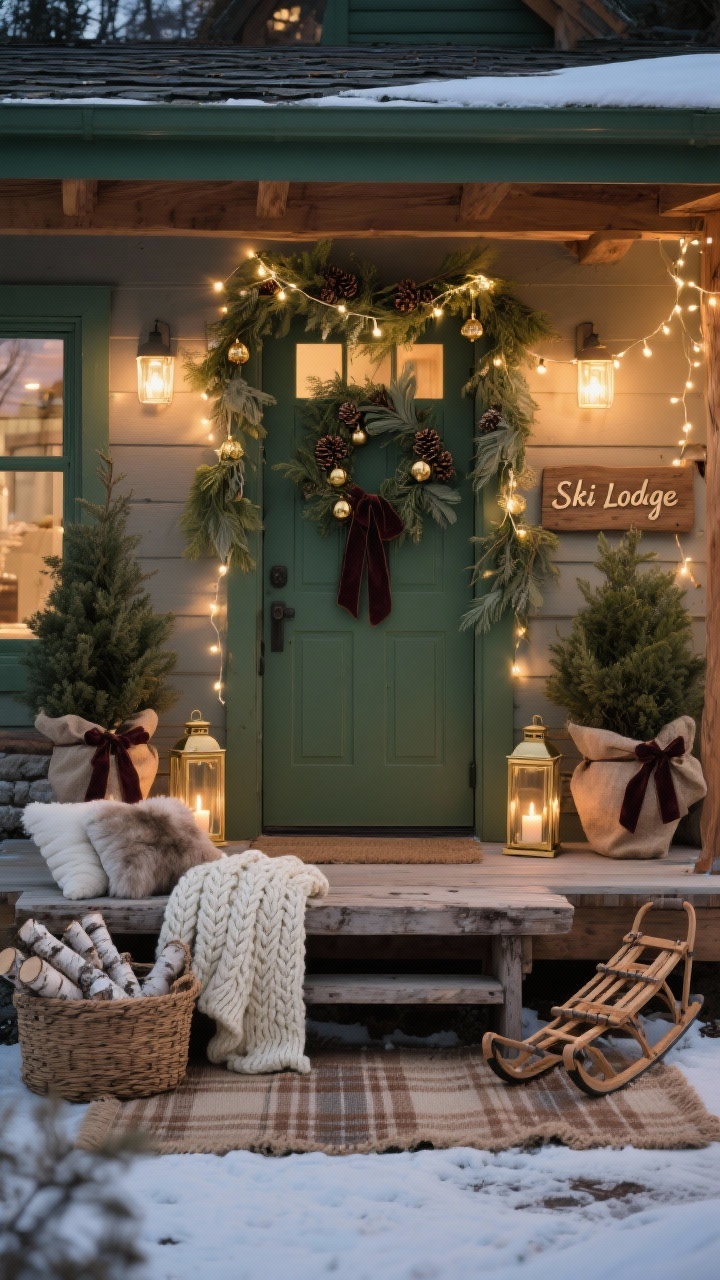 Wide, straight-on photorealistic shot of a Cozy Chalet Retreat front porch at dusk: a weathered wooden bench with cream cable-knit throw and stacked faux-fur pillows sits on a chunky jute or plaid outdoor rug; a woven basket of birch logs beside it. The doorway is framed with a cedar-and-eucalyptus garland tucked with pinecones and tiny gold bells, warm white string lights woven through. Two potted evergreens wrapped in burlap, tied with deep pine velvet ribbon, flank the door. A pair of lanterns with battery candles glow on the steps. Palette of forest green, cream, soft browns, and hints of brass. Add a hand-lettered “Ski Lodge” wood sign and a small stack of vintage sleds. No people, winter evening ambiance, soft warm lighting.