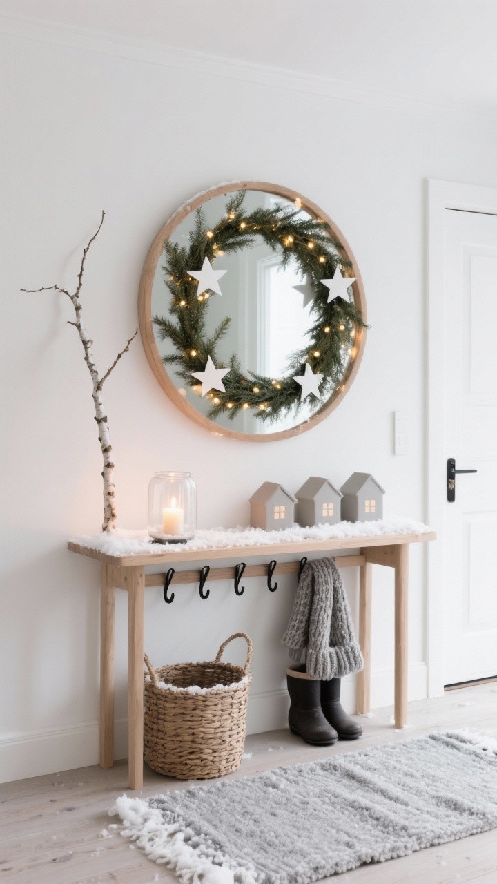 Wide, straight-on photorealistic shot of a Nordic-inspired entryway in soft wintry tones: creamy white walls, pale oak console table beneath a large round oak-framed mirror. The mirror reflects a simple pine garland dotted with warm micro-lights and delicate white paper star ornaments. Add a chunky wool runner in soft gray, a woven basket with boots, black metal wall hooks holding knit scarves, and a frosted glass hurricane with a lit pillar candle. Include a slender birch branch leaning beside the console lightly dusted with faux snow, and a trio of matte ceramic house luminaries glowing softly, all in a calm, quiet, snowy Scandinavian mood.