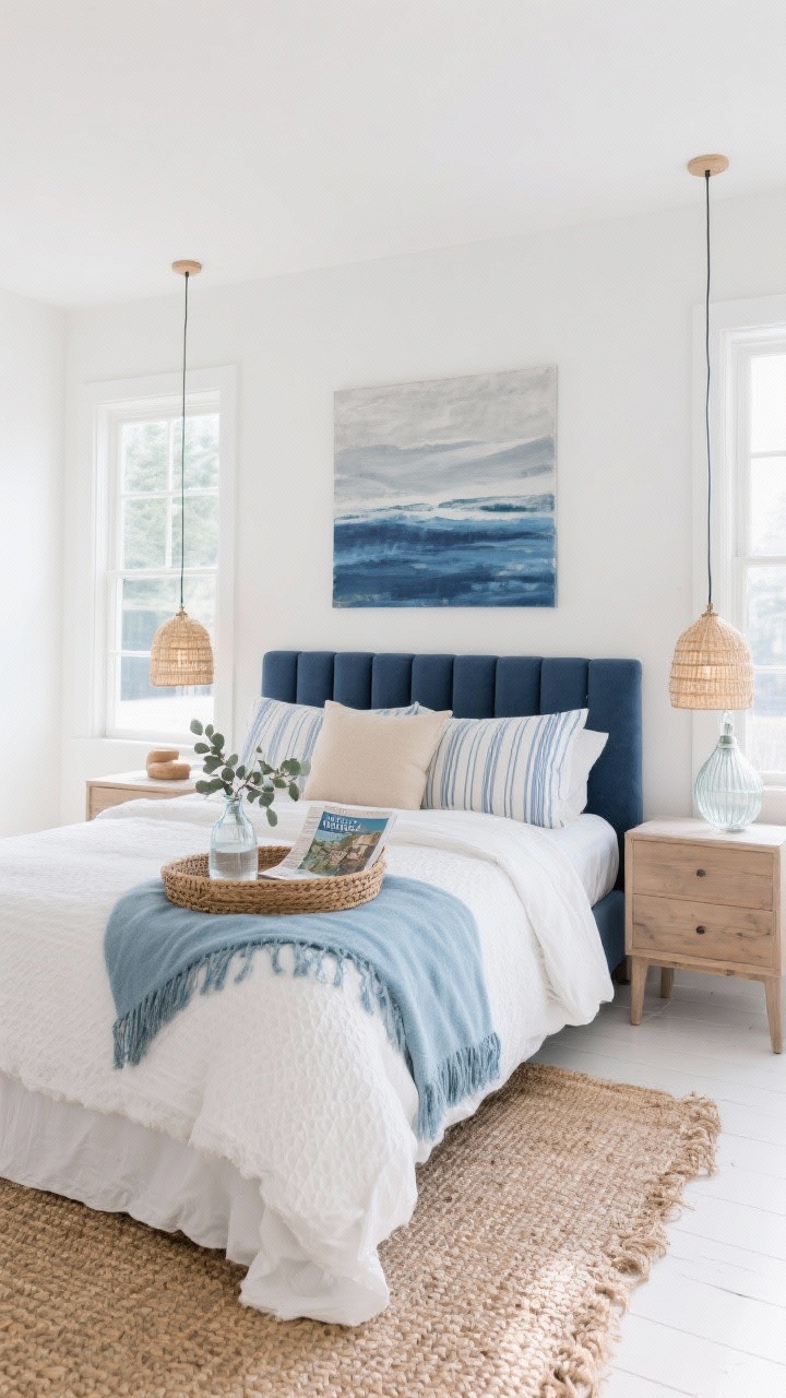 Wide straight-on shot: Coastal modern calm bedroom with soft white walls, a navy upholstered bed with vertical channel tufting, and layered white percale sheets topped with a thin blue-and-white striped duvet and a lightweight white matelassé coverlet. A natural seagrass rug spans the floor; white-washed wood nightstands sit on either side. Lighting features either rattan pendants or glass gourd lamps; above, coastal abstract art in indigo and foggy gray. Accents include a powder-blue throw and a sandy-beige lumbar pillow. A woven tray on the bed holds a water carafe, local magazines, and a sprig of eucalyptus. Windows open for breezy daylight, photorealistic.