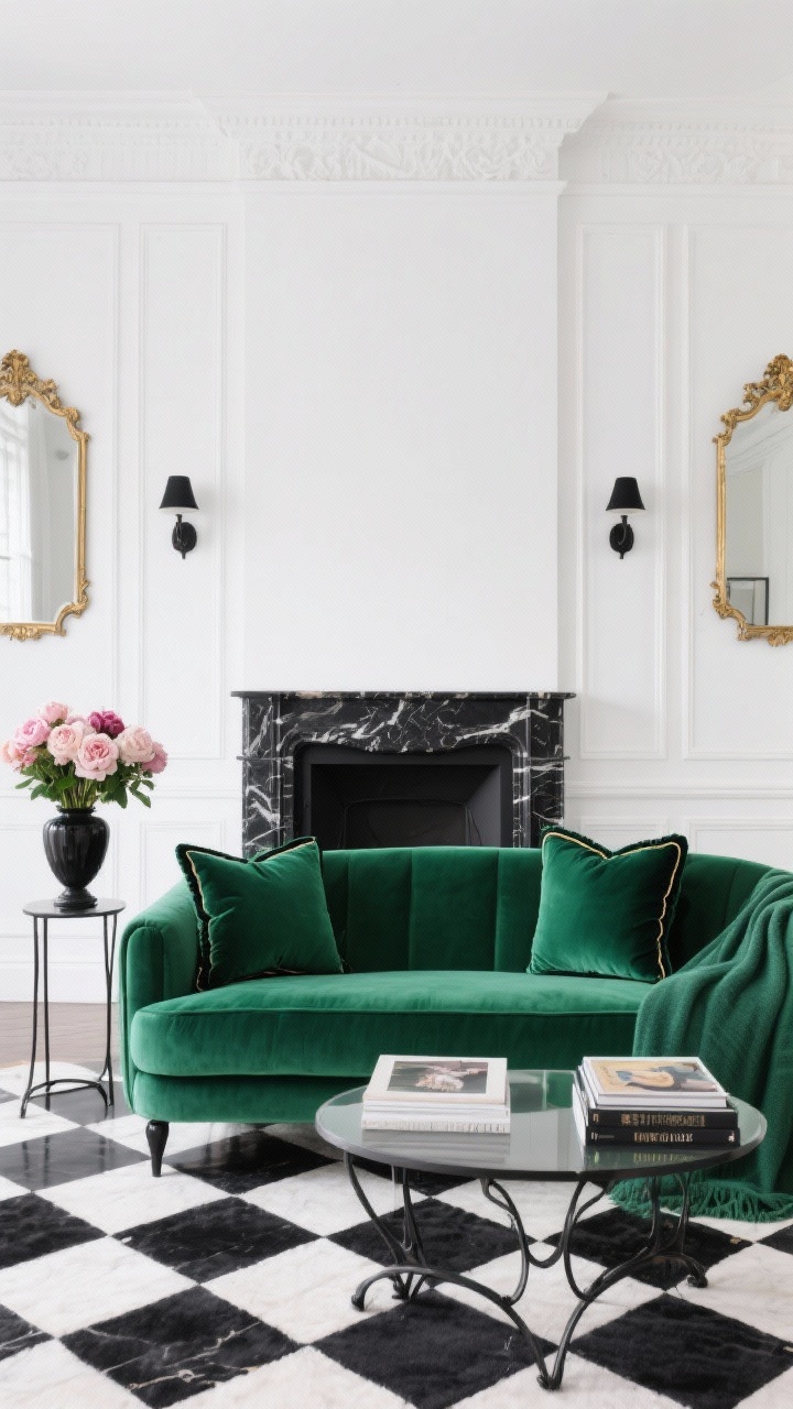 Wide straight-on shot, Parisian Black-and-White with a Jewel-Tone Pop: A crisp white room with simple molding, a black marble fireplace/mantel, and a checkerboard rug grounding the scene. Centered is an emerald/hunter-green velvet sofa with pared-back pillows featuring black piping and a soft cashmere throw. A slim iron coffee table with a glass top holds a small stack of art books. Antiqued gold mirrors and black sconces adorn the walls; a vase of fresh peonies/roses adds refinement. High-contrast black-and-white envelope with a single jewel-tone pop. Soft daylight with gentle reflections, photorealistic.