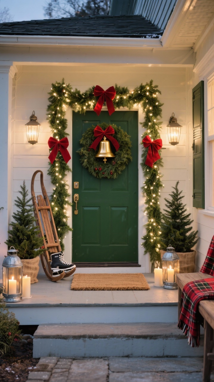 Wide, straight-on view of a classic Christmas porch styled like a timeless holiday postcard: deep evergreen garlands wrapped around the doorway with warm white string lights woven through, velvet red bows at intervals; a brass bell wreath centered on the front door; a vintage wooden sled leaning casually against the wall alongside vintage skates; buffalo-check doormat layered over a natural jute rug; two matching potted mini spruce trees in burlap flanking the entry, each softly lit; tin lanterns with pillar candles and a plaid throw draped on a bench. Color palette: hunter green, berry red, cream, brass. Photorealistic, dusk lighting for cozy glow, no people.