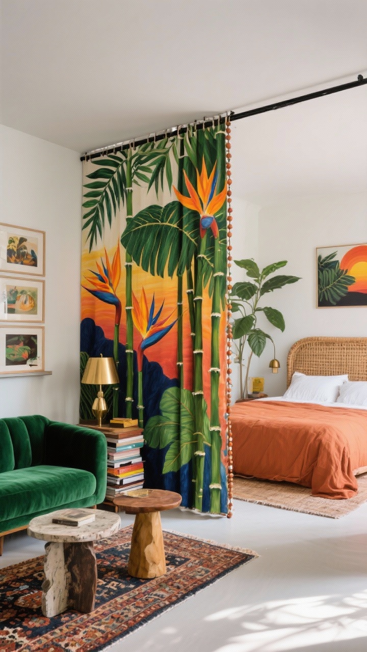 Wide studio divider scene from a corner angle: a hand-painted bamboo beaded curtain featuring large tropical leaves and sunset tones as a moving mural dividing living and sleeping zones; living side shows a velvet emerald sofa, stacked art prints on a gallery ledge, brass floor lamp, mismatched side tables, and a vintage kilim rug; sleeping side shows a terracotta linen duvet and a rattan headboard echoing the bamboo texture; oversized bird of paradise plant; palette of emerald, terracotta, marigold, and inky navy accents; vibrant, playful lighting with balanced shadows; photorealistic, no people.
