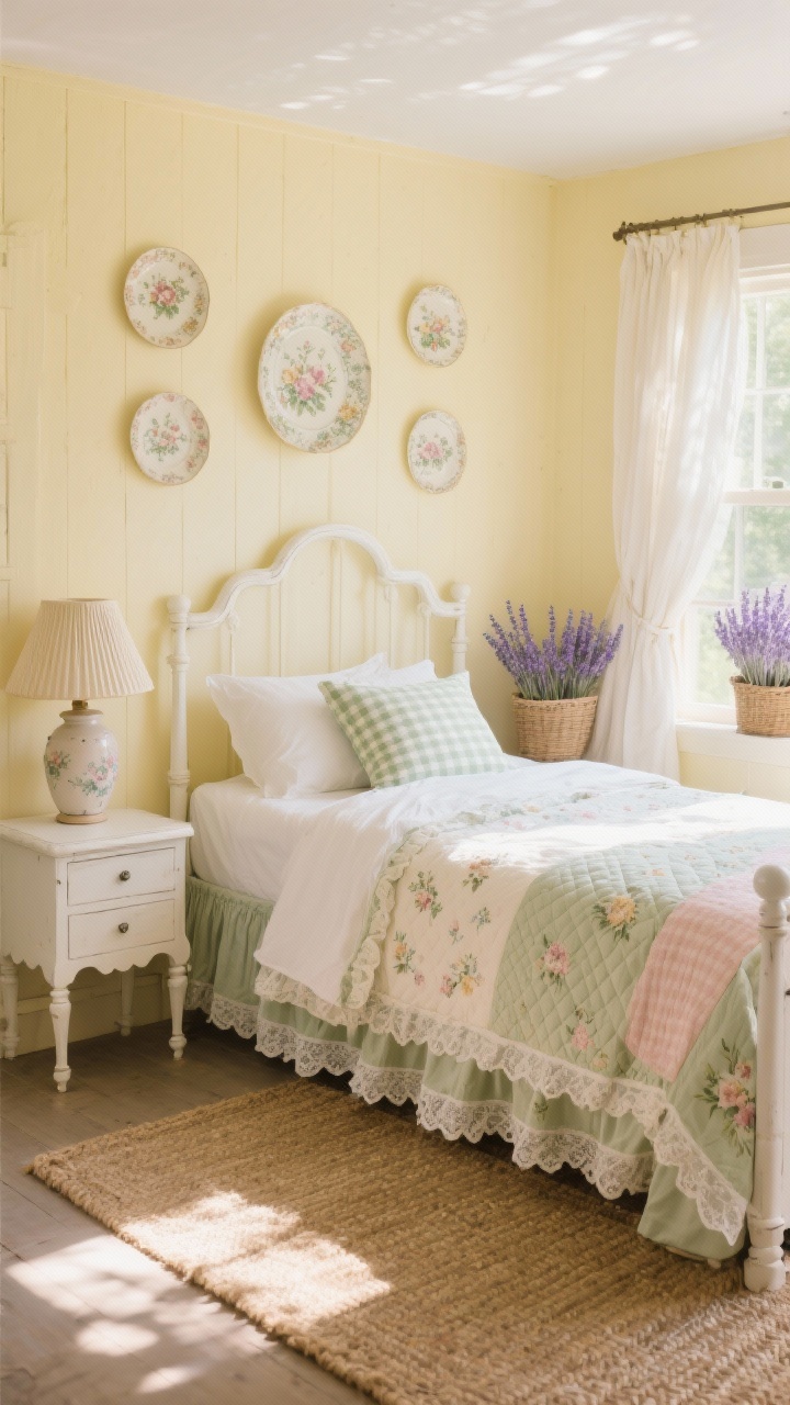 Wide, sunlit room shot with gentle lens flare: A sunwashed cottage farmhouse bedroom with buttermilk walls and a white-painted wooden bed with a curved headboard, dressed in floral quilted layers. Gingham accent pillows, a ruffled bed skirt, and lace-trim pillowcases. A woven jute rug underfoot. Scalloped-edge nightstand and a petite turned-leg vanity in antique white. Palette of butter yellow, soft sage, creamy white, and blush. Vintage floral plates hung above the bed, a ceramic lamp with a pleated shade, lightweight cotton curtains fluttering, and a basket of lavender on the windowsill. Breezy, summery mood. Photorealistic, no people.