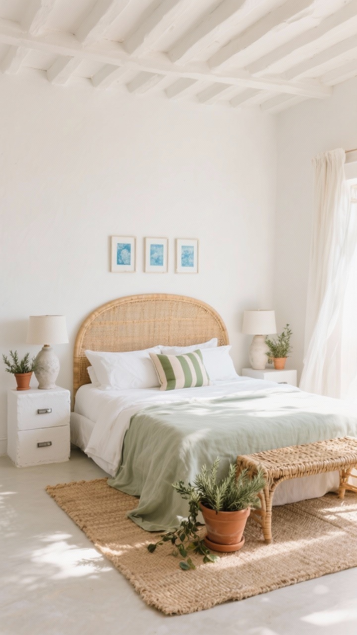 Wide, sunlit straight-on shot: Mediterranean calm bedroom with creamy white walls, slightly warmer ceiling, and a sandy flatweave rug. Curved rattan headboard; bed dressed in stonewashed linen with a white duvet, soft sage sheets, and an olive-and-oat striped lumbar pillow. White-plastered cube nightstands topped with chalky ceramic table lamps. Terracotta planters with rosemary and trailing ivy, a woven seagrass bench at the foot of the bed, gauzy curtains moving in the breeze. Above the bed, a small gallery of pale blue framed cyanotypes. Brushed nickel/aged pewter hardware accents. Bright natural light, airy coastal mood.