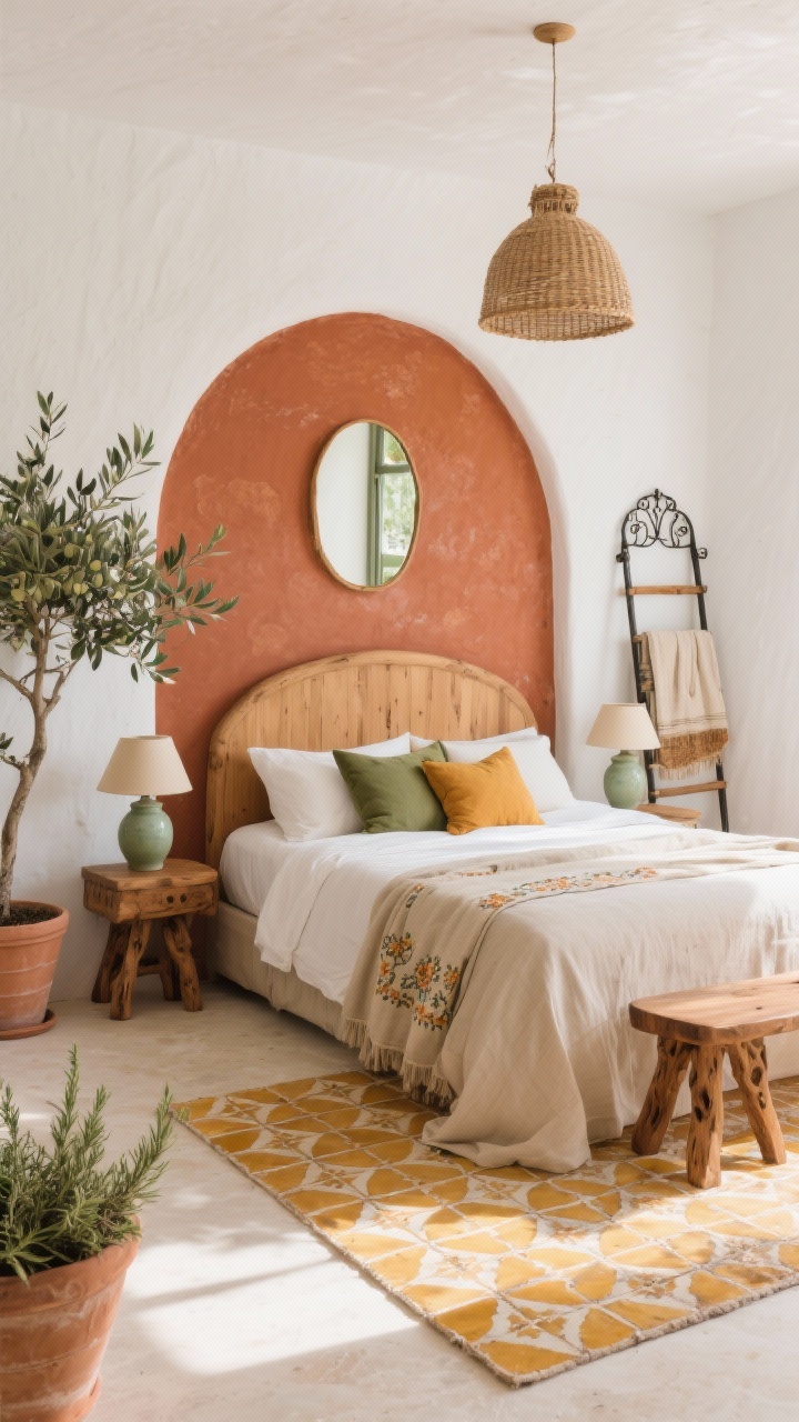 Wide, sunlit straight-on shot: Mediterranean retreat with warm white limewashed walls and a terracotta accent wall behind the bed. Curved wood headboard, stonewashed linen duvet in muted sand/clay, carved wood stools as nightstands holding soft sage ceramic lamps. Patterned tile-look rug or flatweave in saffron and cream underfoot. Embroidered pillows in olive, ochre, and ivory. Arched mirrors reflecting light, woven pendant overhead, wrought-iron blanket ladder with extra throws. Potted olive tree and rosemary in terracotta pots. Bright, grounded, sunny ambiance, photorealistic.