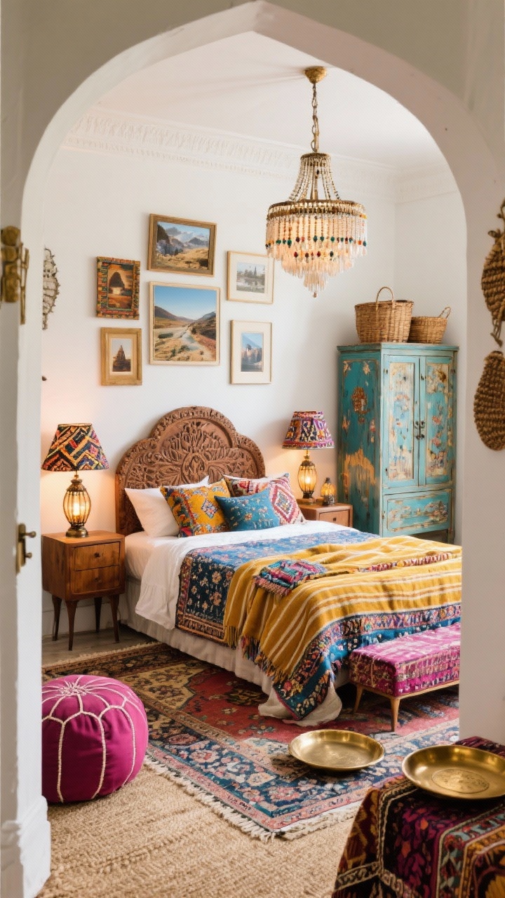 Angled medium-wide shot from doorway, Maximalist Global Nomad: warm white walls with layered textiles—suzani bedspread, embroidered pillows, striped throw; headboard is a hand-carved wood showpiece; layered rugs with a vintage Persian atop a natural jute base; mid-century nightstands and a painted armoire; lighting includes a beaded chandelier overhead, patterned lampshades on bedside lamps, lantern-style lights; walls display a cluster of framed travel photography and woven baskets; brass trays on surfaces, low poufs for seating; rich color story with saffron, indigo, and magenta repeated across patterns; photorealistic, vibrant, lived-in warmth.