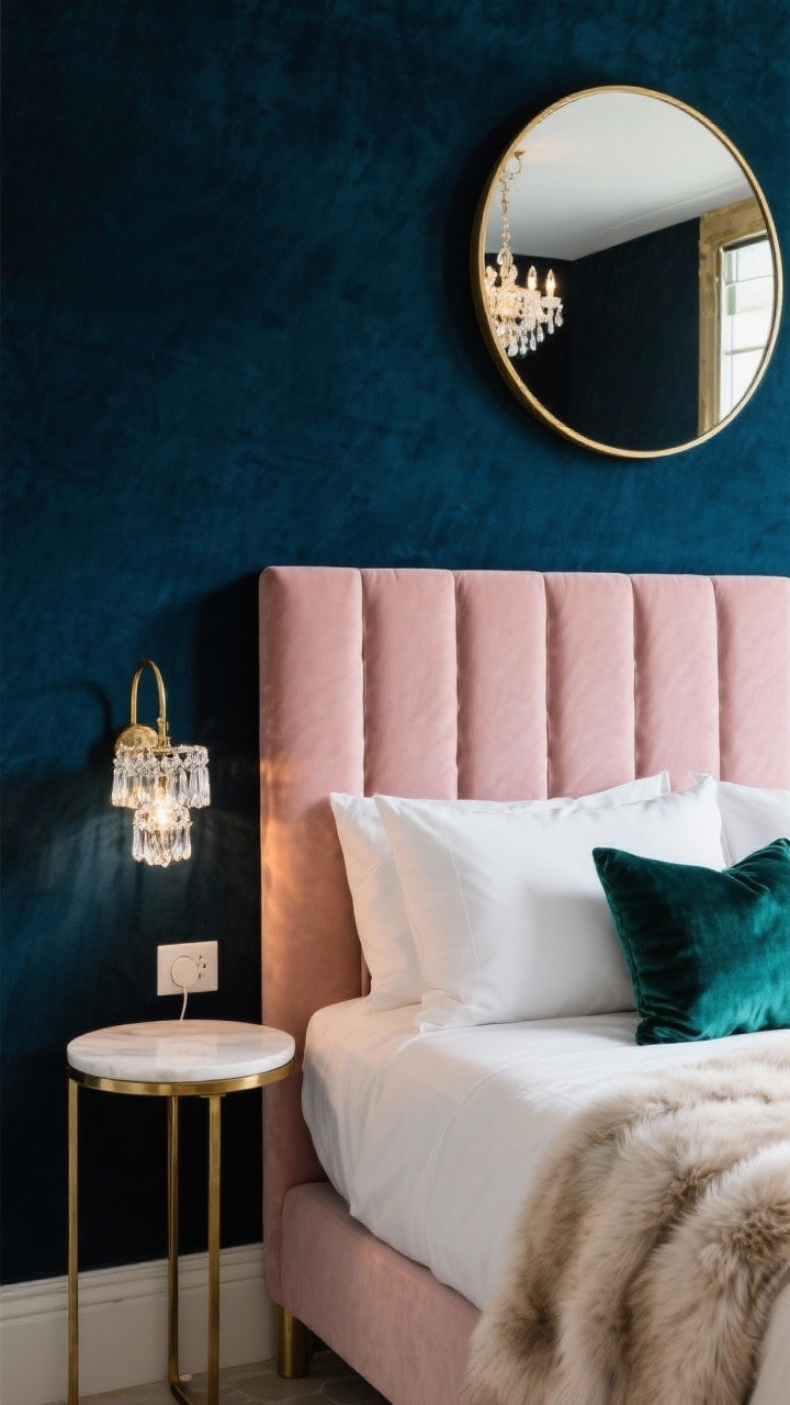 Closeup detail shot: Luxe glam vignette featuring a velvet channel-tufted headboard in blush, deep midnight blue wall behind it, a round brass mirror centered above. Edge of a slim mirrored nightstand reflecting light, plug-in crystal sconce sparkling beside the bed, crisp white pillowcases with a velvet accent pillow, soft faux fur throw draped at the foot. Subtle hints of a small chandelier glow. Palette: emerald or navy tones (use midnight blue here), blush, brass, crisp white. Photorealistic, moody yet polished lighting.
