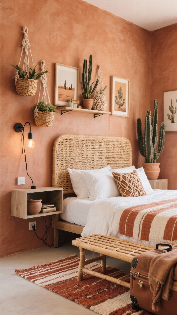 Corner angle medium shot, Modern Desert Boho: muted terracotta walls with a natural cane headboard; bed in crisp white cotton, topped with a striped clay-and-cream quilt and a handwoven lumbar pillow; macramé plant holders hanging in place of bulky nightstands; wall-mounted fold-down shelf holding essentials; trio of woven baskets arranged above the headboard as graphic art; flat kilim rug in rust and ivory; slatted bench at the foot for luggage and blankets; desert botanical prints and a cluster of cacti in ceramic pots; plug-in metal sconces with exposed cords casting warm light; palette of terracotta, cream, camel, matte black; warm, earthy, photorealistic.