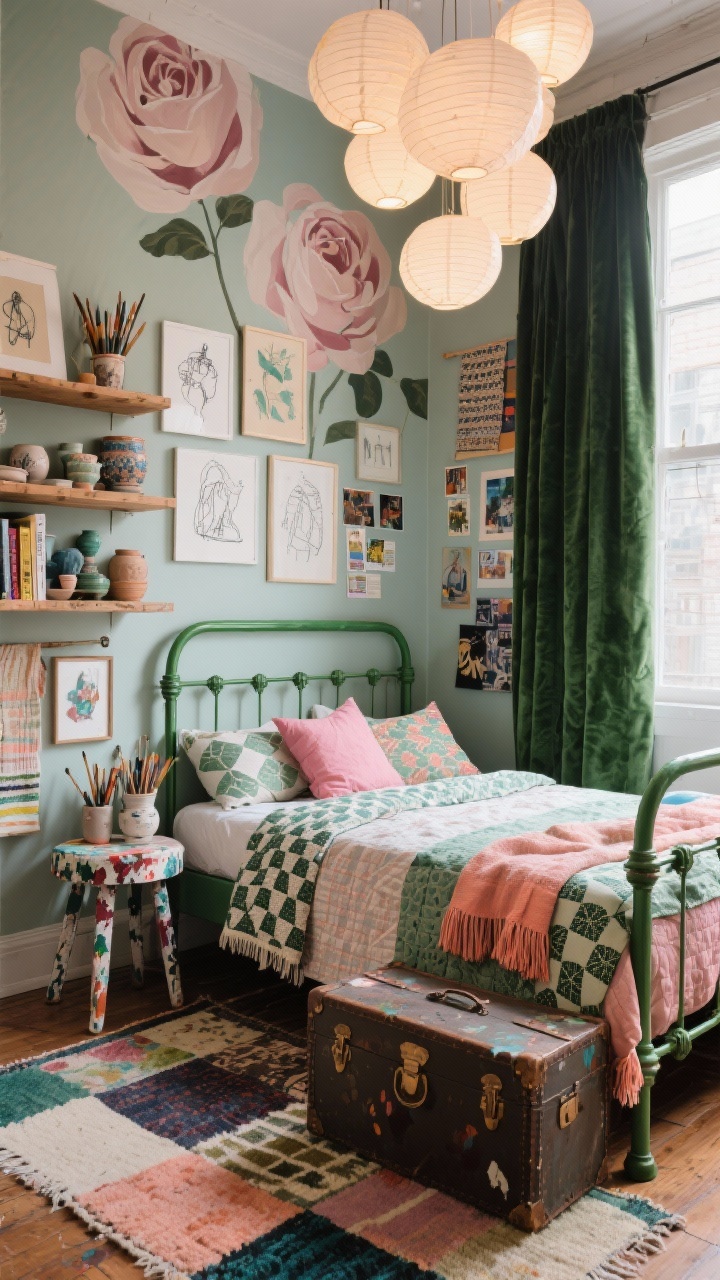 Corner angle medium-wide, Artist’s Loft Eclectic: a creative bedroom scene with a muted rose feature wall behind a vintage metal bedframe painted hunter green. The bed is layered with patterned quilts, block-print throws, and tasseled pillows in pinks, pistachios, and coral. On the floor, a patchwork flatweave rug. Open wood shelving holds art supplies, ceramics, and books; a gallery wall mixes line drawings, textiles, and postcards. A cluster of paper lanterns hangs overhead emitting a soft, diffused glow. A paint-splattered stool serves as the bedside table; a vintage trunk sits at the foot. Emerald velvet curtain frames a window. Lived-in, joyful, photorealistic.