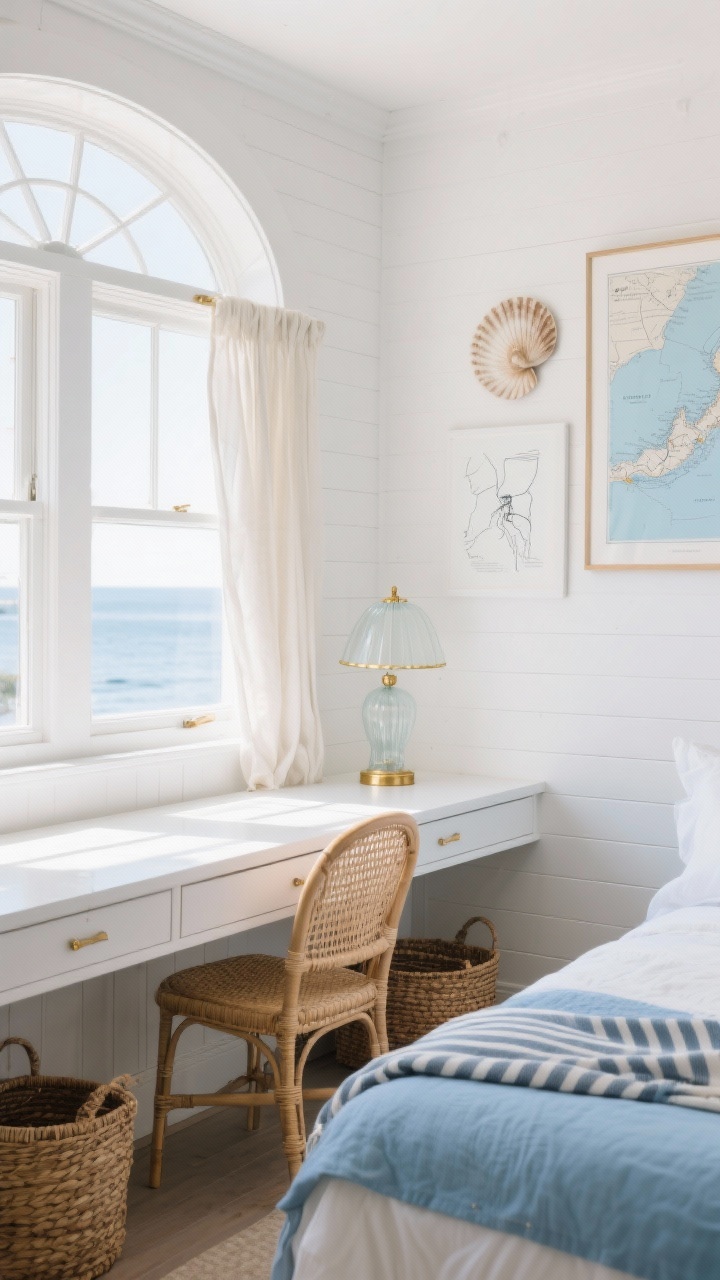 Corner medium shot, Coastal Breezy Built-Over Bay: white beadboard desk bridging a bay window bump-out, rattan chair tucked in; windows bare with light linen sheers, bright daylight flooding the space; bedding in sky-blue and white visible to the side; art featuring shells, line drawings, and coastal maps on nearby wall; glass table lamp with pale brass trim on the desk; woven baskets under the desk, striped cotton throw on bed; palette of white, sky blue, sand, soft brass; airy seaside cottage feel, photorealistic.