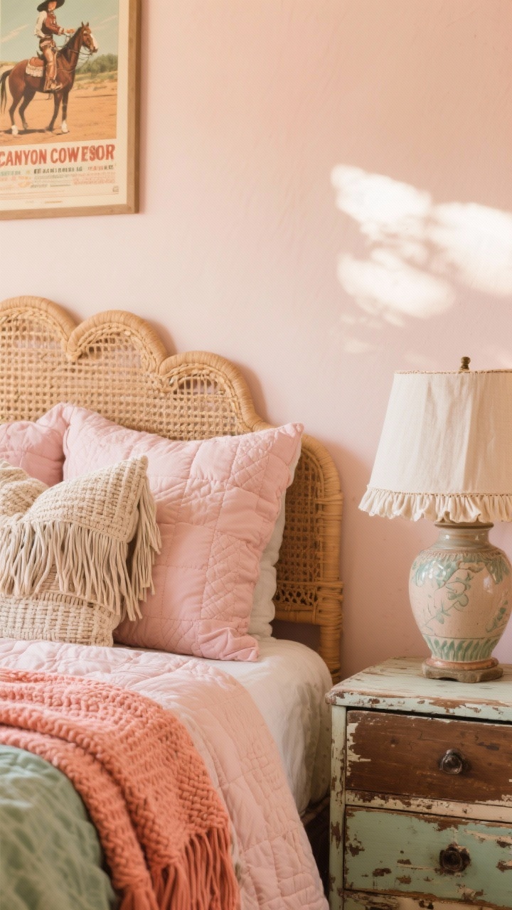 Detail closeup, angled from bedside: Canyon Cowgirl Romance textures and accents—rattan headboard with a scalloped silhouette, pile of fringe pillows, dusty-rose quilts, and a woven throw in coral and sage; blush beige walls with a hint of peach softly sunlit; edge of mismatched antique nightstand with a ceramic lamp base and ruffled linen shade in frame; partial glimpse of vintage rodeo posters above; airy, sun-drenched mood, photorealistic, no people.