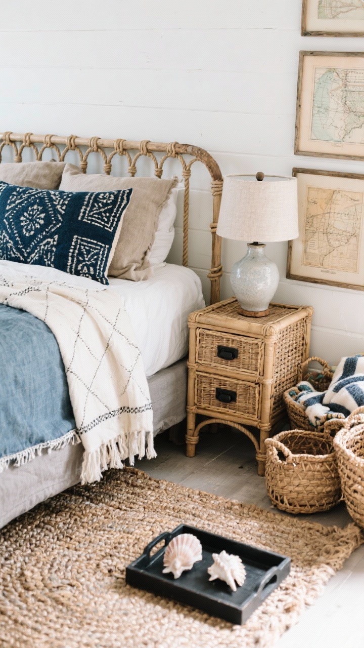 Detail closeup, Coastal Boho Retreat: A textured vignette on a chunky jute rug beside a rope-detailed bed frame. Fabrics layered in driftwood gray, sea salt, deep navy, and sand: chambray duvet edge, cream throw with visible weave, indigo mudcloth lumbar pillow with hand-stamped pattern, plus flax linen sheets peeking out. Nearby, a rattan nightstand with a ceramic table lamp (linen shade), a small stack of framed vintage nautical charts leaning against a white limewashed wall. A weathered trunk corner visible, woven baskets holding throws, and a black tray with a curated couple of seashells. Matte black hardware on a drawer pull. Soft coastal daylight for an airy, breezy mood. Overhead angle.
