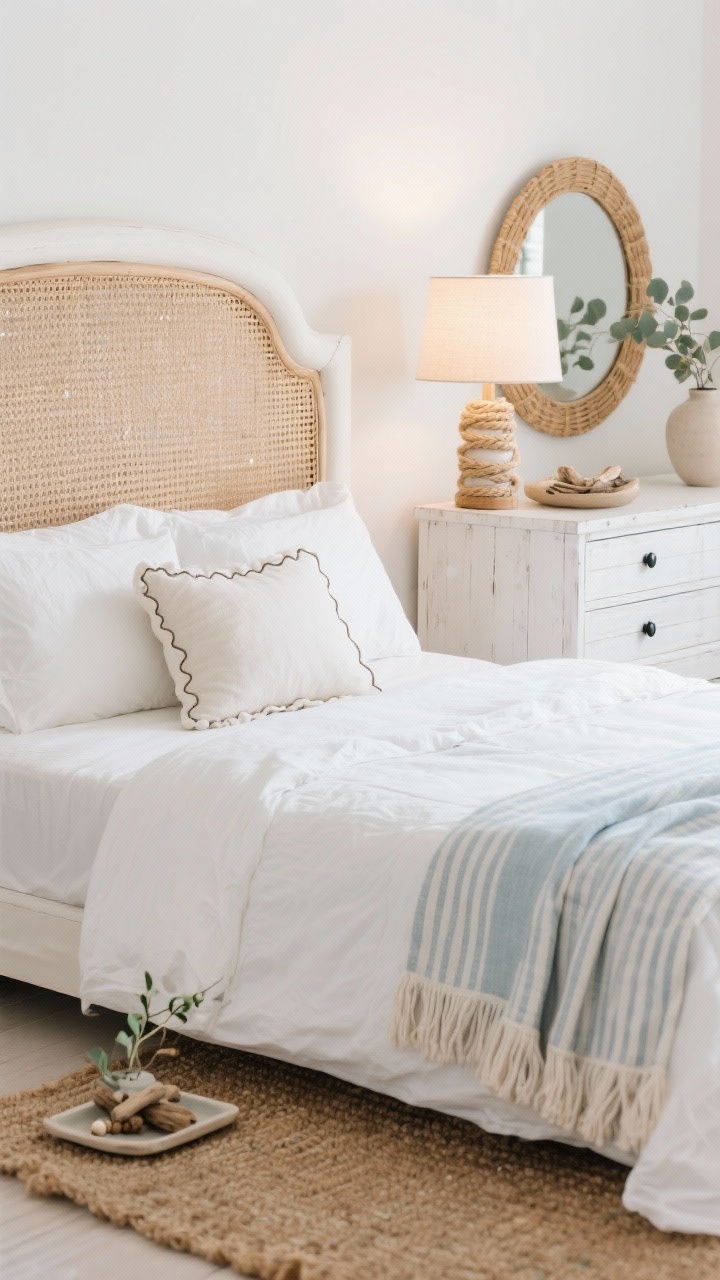 Detail closeup, Coastal Rattan Retreat: a rattan/cane headboard with white oak frame in soft daylight, crisp white percale bedding, a pale blue-gray striped linen throw folded at the foot, and a scalloped-edge pillow; foreground shows texture of a jute rug; background hints of a whitewashed dresser with matte black cabinet pulls and a round rattan mirror; rope-wrapped table lamp softly glowing; small ceramic tray with driftwood beads and eucalyptus stems in a simple vase; airy, beachy ambiance, photorealistic, shallow depth of field.