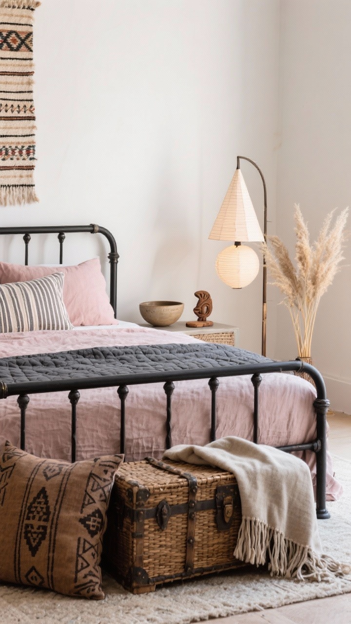 Detail closeup, corner angle: Modern Nomad Neutrals with blush accents. Focus on the sleek black metal bed frame dressed in stonewashed blush linen and a graphite quilt, with striped lumbar pillows. In the foreground, mudcloth cushions and a fringed throw draped over a woven trunk at the foot of the bed. Background hints of a warm white wall and a handwoven wall rug. On a nearby surface, small travel-inspired objects—ceramic bowl, carved wood piece, and a bundle of pampas stems. Soft glow from a cone-shade floor lamp with paper lanterns diffusing light. Clean, collected, and textural.