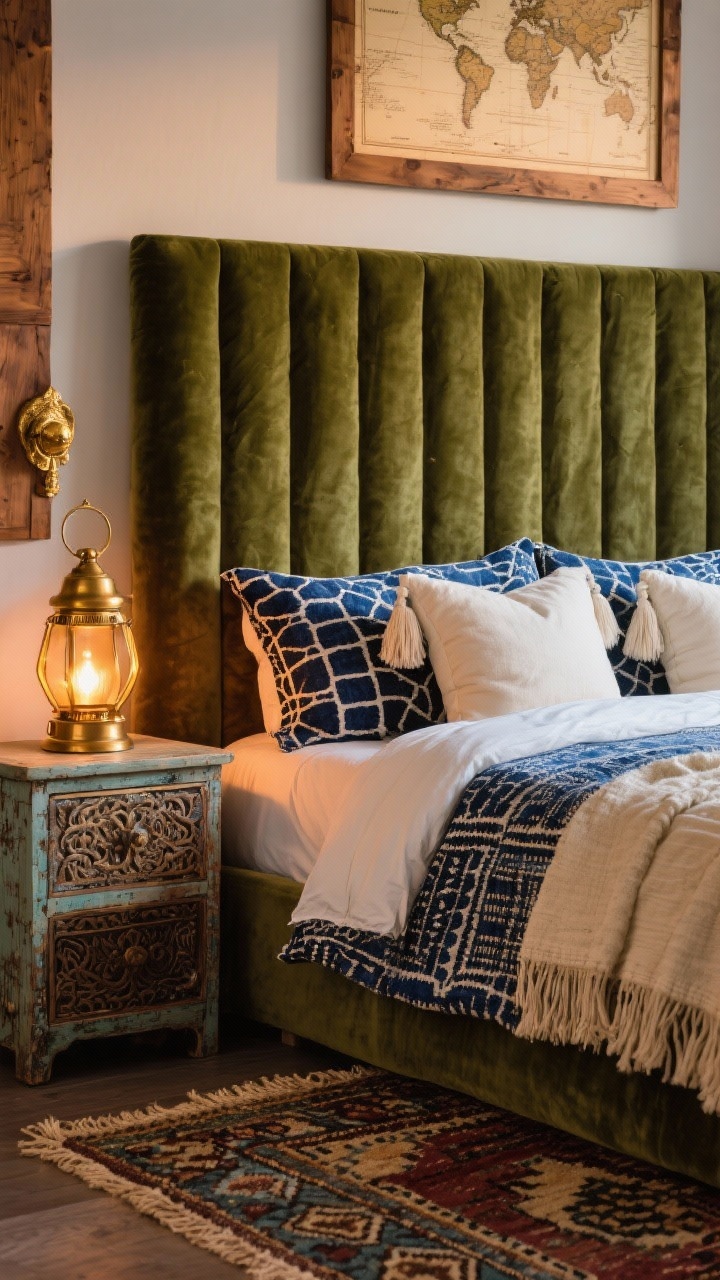 Detail closeup, Cozy Global Traveler vignette focusing on textures: tall olive green velvet headboard behind indigo block-print bedding; cream tassel pillows in front; layered rug edge showing jute base beneath a patterned Moroccan pile rug; corner of mismatched antique nightstand with carved details holding a small warm-glowing brass lantern; brass-framed map partially visible above; warm wood tones and aged brass accents; soft layered lighting with cozy ambience; palette olive, indigo, cream, warm wood, aged brass; photorealistic evening light.