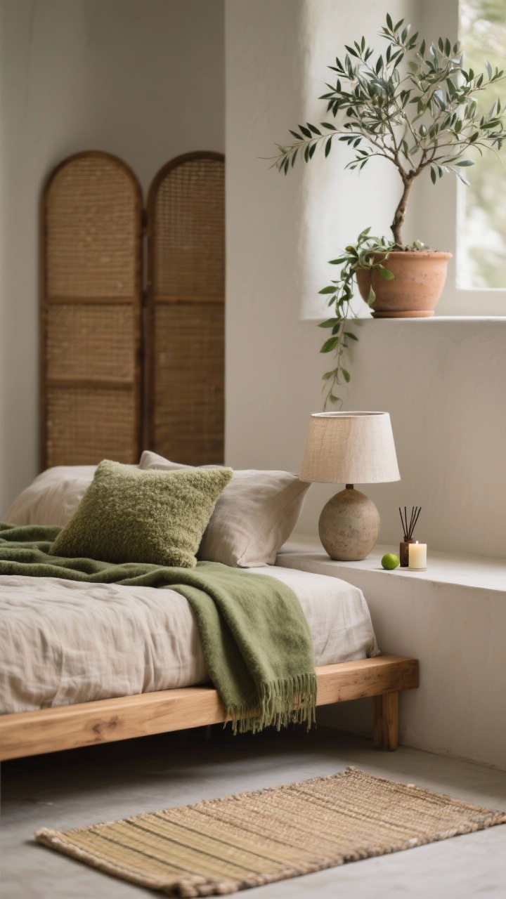 Detail closeup, Earthy Minimal Boho Zen textures: low solid oak bed frame edge with stonewashed cotton bedding in oatmeal and stone hues, moss-green throw casually folded; foreground shows a wool-bouclé pillow and tatami-style mat layered with a flatweave rug; minimal built-in wall ledge acting as nightstand with a ceramic table lamp featuring a linen shade, cedar diffuser and a bergamot candle; background blur of a slim wardrobe with cane panels, and an olive tree in a clay pot with trailing pothos on a floating shelf; color palette of oatmeal, stone, and olive; soft, diffuse natural light for serene, tactile mood; photorealistic.
