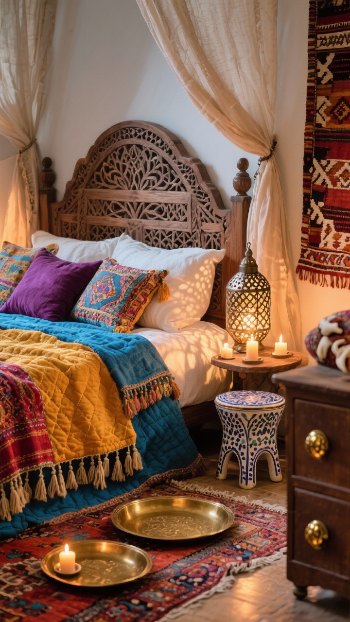 Detail closeup from a Moroccan-inspired boho bedroom: focus on richly layered textiles and metalwork. Foreground shows a Moroccan rug with saturated saffron, paprika, plum, and cobalt, topped by silk and cotton quilts trimmed in tassels and embroidered cushions, plus a kantha throw. To the side, part of a carved Moorish wood headboard (or stenciled arch) is visible with a gauzy bed canopy pulled casually to one side. Pierced metal lantern casts patterned shadows across brass trays and a hand-painted ceramic stool used as a side table; a small cluster of candles glows warmly. A hint of a Berber tapestry and handmade bone/brass knobs on a dresser edge. Low, intimate candlelit ambiance, photorealistic, no people.