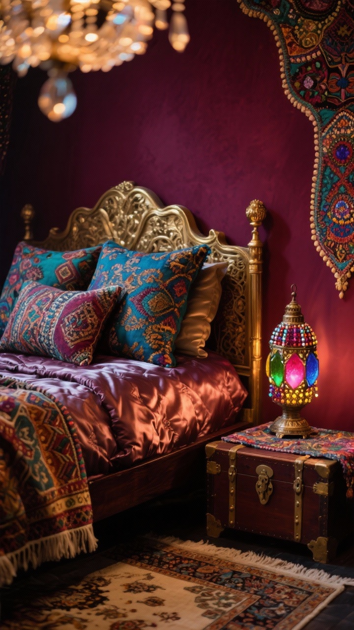 Detail closeup, Gypsy-Maximalist Jewel Box: rich deep peacock or garnet wall as backdrop; suzani textile and ikat pillows layered on an antique brass or carved dark-wood bed; satin quilt catching a subtle nighttime shimmer; colored glass lantern on nightstand with beaded chandelier bokeh in background; top of a vintage trunk draped with a patterned throw; hint of layered rugs—neutral base with a smaller Persian on top. Photorealistic, moody warm lighting with jewel-toned saturation, shallow depth of field.