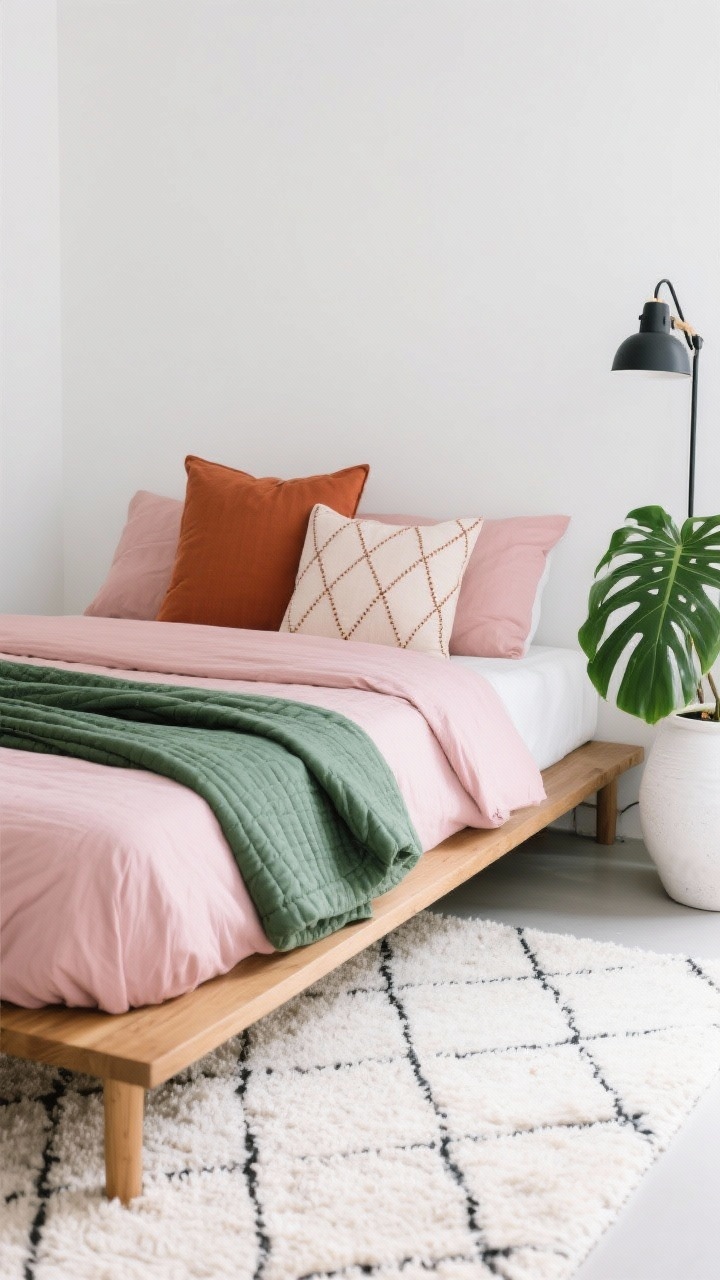 Detail closeup, Modern Jungle Minimalist: straight-on, tightly framed shot of a low oak platform bed against white walls, focusing on layered textiles. A soft pink duvet on top with a jade-green quilt folded at the foot; oversized euro pillows in terracotta and blush, plus a graphic lumbar pillow with geometric stitching. Edge of an off-white shag rug with subtle diamond pattern visible at the bottom. Minimal decor hints: a matte black swing-arm lamp extending from the wall, a white ceramic planter with monstera leaves creeping into frame. Clean, fresh, edited, natural daylight, photorealistic texture emphasis.