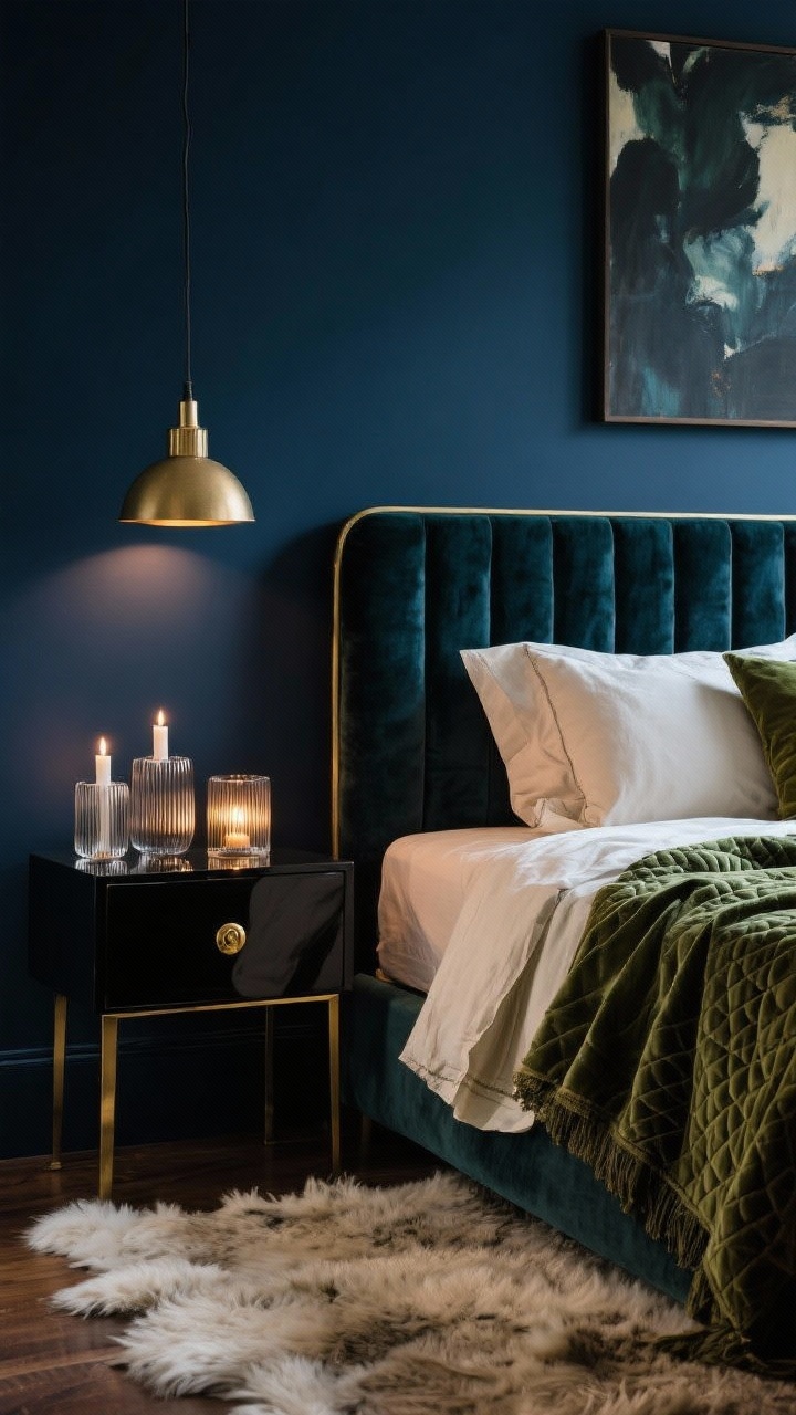 Detail closeup, Moody Boho Luxe: intimate vignette of a deep ink-blue wall with a plush velvet headboard edge in frame; thick wool rug texture in the foreground; layered linen sheets and a folded velvet quilt showing rich pile; brass hardware on a nearby black nightstand with subtle reflections; ribbed glass candleholders glowing softly; a piece of moody abstract art slightly blurred in the background; dramatic pendant light casting low, warm illumination; touches of cream and forest green accents; cozy, dramatic luxe mood; photorealistic.
