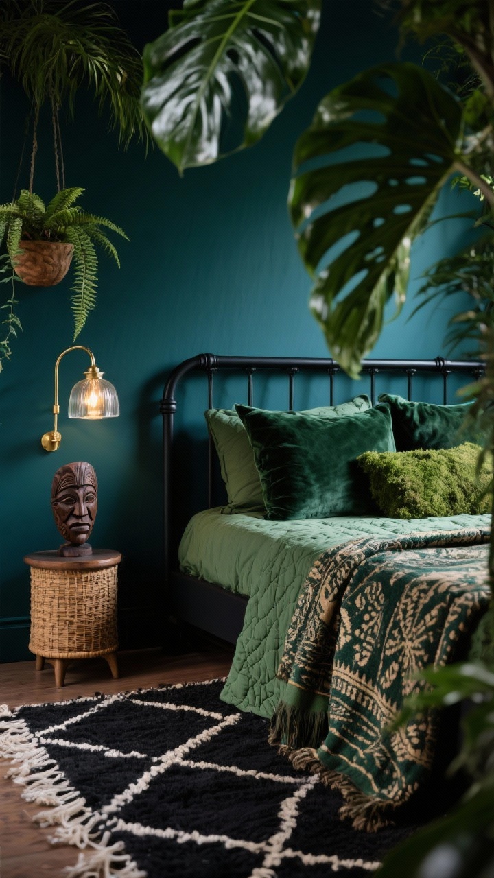 Detail closeup: Moody Jungle Sanctuary texture study with deep inky teal wall as backdrop. Edge of a matte-black four-poster bed layered with velvet pillows, a mossy green quilt, and a patterned batik throw. Foreground shows corner of a black-and-cream Berber rug for graphic contrast. Lush greenery—monstera leaf and fern fronds—partially framing the composition from a hanging planter and pedestal. Brass swing-arm sconce casting warm ambient light; hint of a smoky glass pendant glow bokeh in background. Accents include a cane-front nightstand corner and a carved wood mask partially in frame. Photorealistic, intimate, low-light cozy atmosphere.