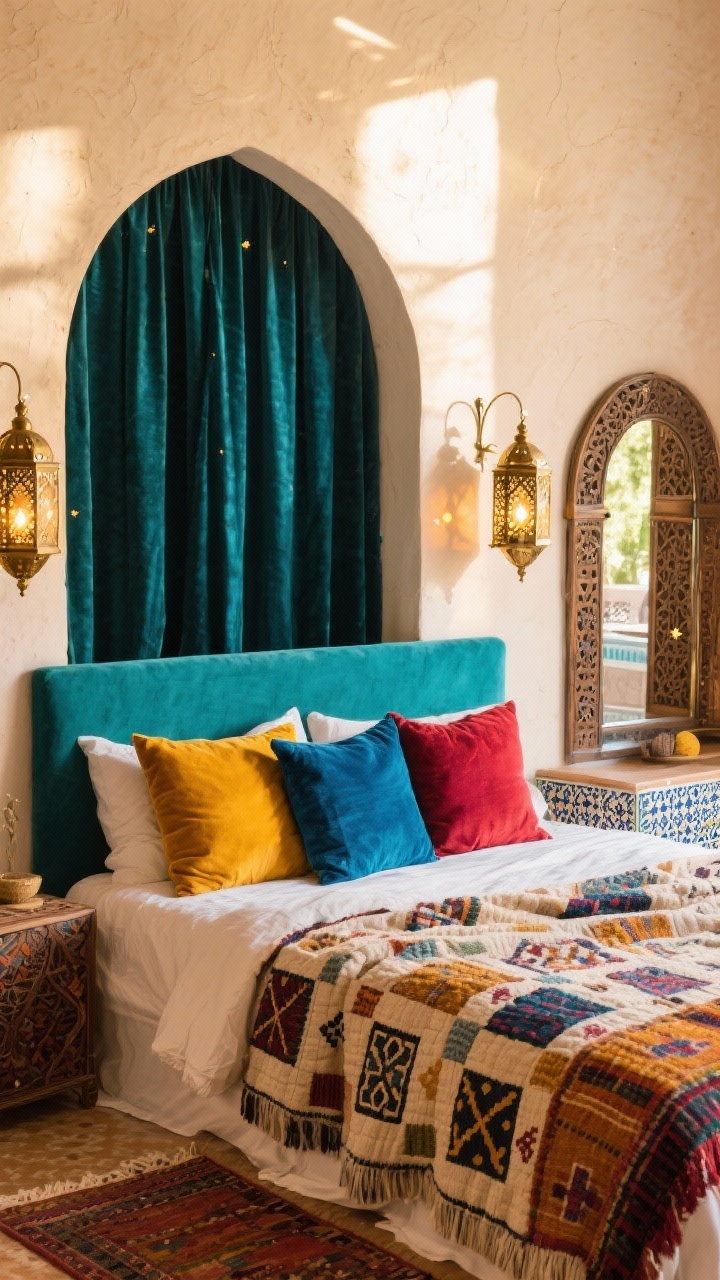 Detail closeup, Moroccan Sunlit Retreat: A tight shot of bed textiles and lighting—hand-loomed blankets, block-printed quilts, and jewel-toned pillows in saffron, cobalt, ruby, and teal draped against an arch-shaped headboard (painted wood or velvet); warm sun streaming over creamy plastered walls; pierced brass lanterns glowing softly like tiny stars; glimpse of Beni Ourain rug and zellige-inspired tile texture nearby; hints of carved wood screen edge and a metal-framed arched mirror catching light; romantic, colorful, transportive mood, photorealistic, no people.