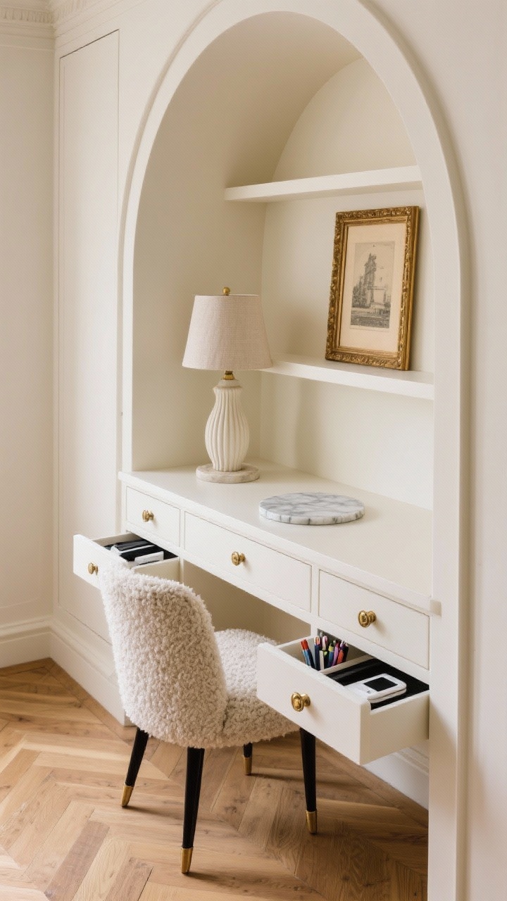 Detail closeup, Parisian Petite with Built-Ins: arched built-in shelves painted creamy ivory wrapping into a narrow desk; shallow drawers at the arch base slightly open showing stationery and chargers; antique brass knobs catching soft light; a bouclé slipper chair tucked under the desk edge; herringbone wood flooring visible in foreground; fluted table lamp base and a small vintage print in a gilded frame on the shelf; textures of bouclé, marble coaster, and linen shade; palette of cream, ecru, brass with soft black accents; elegant, compact, photorealistic.