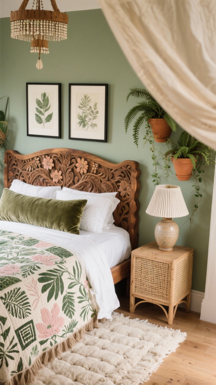 Detail closeup, slightly overhead perspective: Botanical Boho Suite textiles and decor on and around a carved mango wood headboard with floral motifs, set against sage/eucalyptus-colored walls. Percale sheets topped with a block-printed quilt in moss and blush, and a velvet bolster. A plush hand-tufted cream rug visible at the bedside edge. Nearby, a cane-front nightstand holds a ceramic lamp with a pleated cotton shade; in the background, hints of a beaded wood chandelier. Botanical prints in thin black frames and a cluster of terracotta planters with ferns and trailing ivy; soft linen canopy drape visible. Diffused natural light for a romantic, organic feel, photorealistic.