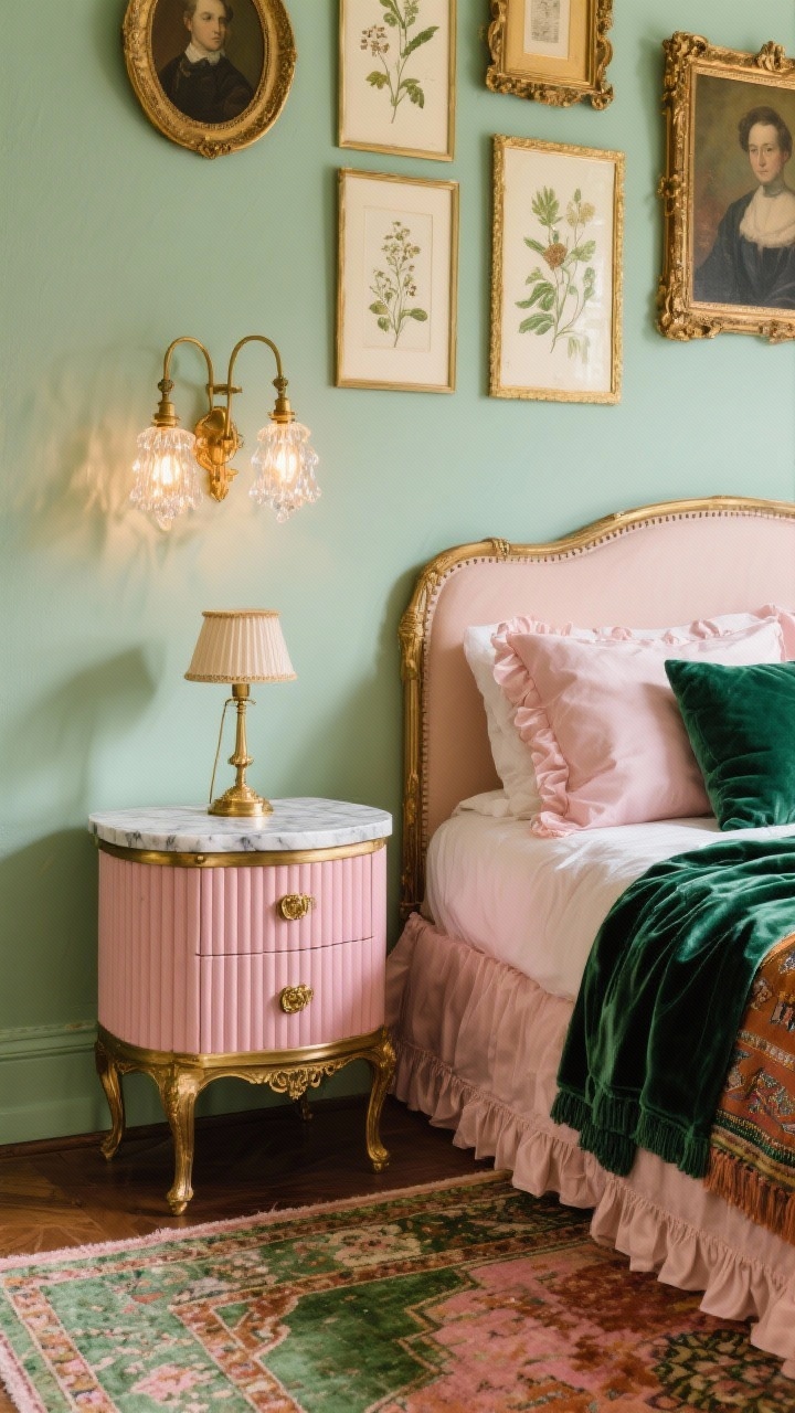 Detail closeup, straight-on vignette: Paris-meets-boho vintage glam bedside scene. Pistachio wall backdrop with a portion of a gallery wall showing old oil portraits, botanical sketches, and ornate gold frames. In the foreground, a fluted pink bedside table with brass pulls supports a small marble lamp. The antique brass bed edge is visible, layered with blush sateen bedding, ruffled linen shams, an emerald velvet throw, and a velvet bolster. A glimpse of faded Persian-style rug in greens, pinks, and rust tones at the bottom of frame. Warm glow from crystal sconces with Edison bulbs softly illuminating brass and marble textures. Photorealistic, elegant flea-market charm, no people.