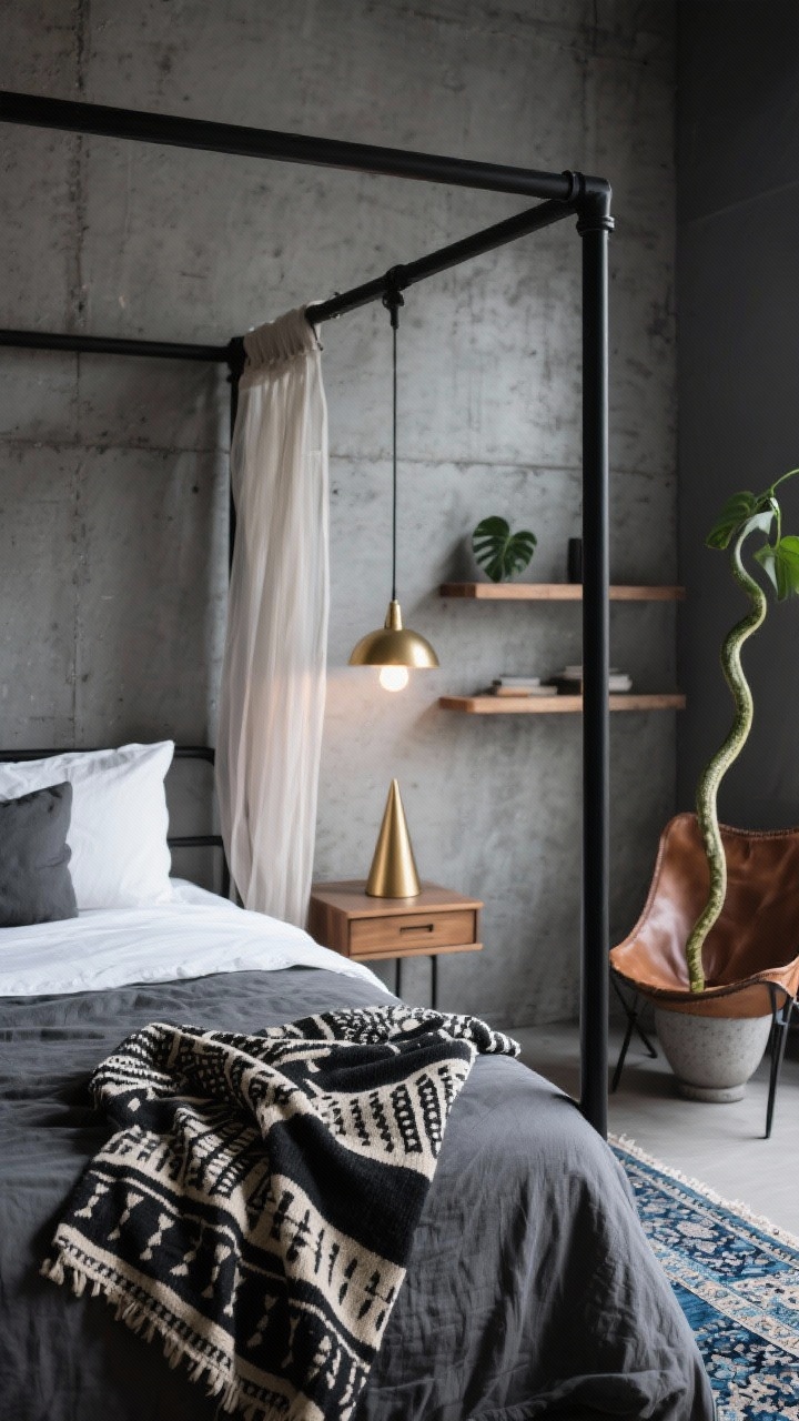 Detail closeup, Urban Loft Boho Glam: tight, angled shot of a black metal canopy bed post with sheer gauzy curtains draped, in front of concrete-gray walls. The graphite linen duvet and crisp white sheets peek through, topped with a folded black-and-cream mudcloth throw showing its bold pattern and texture. In the blurred background, a smoky gray/inky blue vintage Persian rug edge and floating wood shelves replace nightstands. A brass cone pendant drops low as a bedside lamp, softly glowing. Include a hint of a leather sling chair and a concrete planter with a tall snake plant at frame edge. Moody, urban, photorealistic, no people.