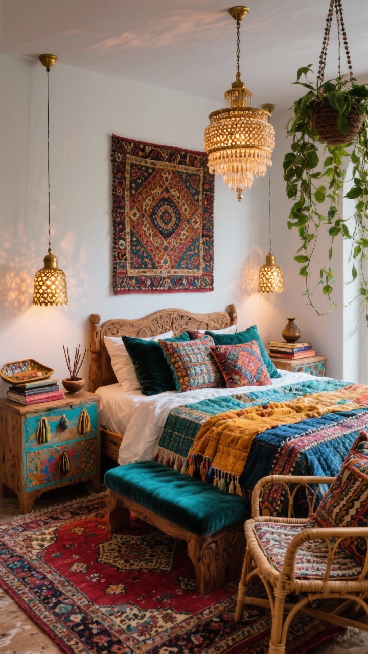 Medium corner angle: A Maximalist Bazaar Bohemian vignette anchored by a vintage Persian/Turkish rug in ruby, teal, saffron, and indigo. Carved mango wood bed piled high with kantha quilts, suzani pillows, and velvet shams; matte white walls with one accent wall covered in patterned textile art. Over each nightstand hangs a punched brass pendant emitting warm, patterned light; overhead, a beaded chandelier. Mismatched nightstands—one painted, one raw wood—styled with hand-painted trays, stacked books, incense bowls, and beaded tassels. A low velvet bench at the bed’s foot, a rattan accent chair with a patterned cushion, and a hanging planter with cascading pothos. Photorealistic, rich layered textures, glowing evening ambiance.