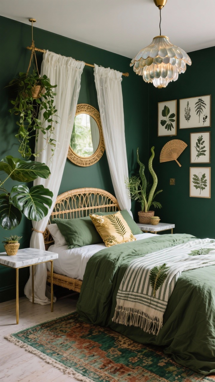 Medium corner angle: Botanical boho bedroom with deep olive walls and polished accents. A rattan canopy bed draped in gauzy white curtains, layered with moss green linen bedding, a pinstripe throw, and embroidered pillows in fern and gold. Marble-topped nightstands with slim brass legs on each side. A vintage-style Persian rug in faded emerald and rust grounds the space. A large round brass mirror reflects light; a sculptural capiz shell pendant hangs overhead with gentle shimmer. Lush plants—fiddle-leaf fig, trailing pothos, and a tall snake plant—clustered near the bed. A botanical gallery wall featuring pressed leaves, ink drawings, and a small woven fan. Moody, glossy greenery and antique brass highlights. Photorealistic.