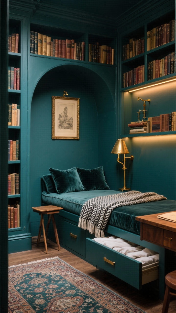 Medium corner angle, Moody Library Nook With a Daybed: compact room with deep blue-green walls and matching wall-to-wall built-in bookcases reaching the ceiling; a slim twin daybed that doubles as a sofa with velvet bolsters and a herringbone wool throw; drawers beneath the daybed slightly open showing linens; antique-style brass picture light over a vintage framed print; brass pharmacy floor lamp and warm LED shelf lights illuminating book spines; Persian-style runner on the floor; petite drop-leaf side table partially opened as a desk; palette of inky teal, brass, walnut, and parchment; cozy, cinematic mood, photorealistic.