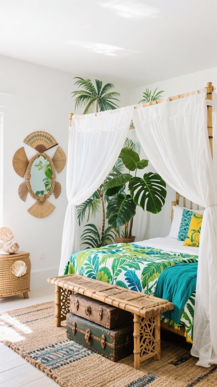 Medium corner angle, Tropical Artisan Escape: Bright white walls bouncing light onto a canopy bed wrapped in gauzy white voile; emerald, lime, and turquoise textiles with bold botanical patterns layered on the bed; hand-carved bench at the foot; stacked vintage trunks used as nightstands; oversized monstera plant, woven fans on the wall, shell inlay mirror reflecting light; a single accent wall with tropical mural/palm-print wallpaper; layered floor with a flatweave kilim over a sisal rug; textures of bamboo, cane, and crisp cotton; leafy green, ocean blue, and sunny yellow accents; vacation-fresh, handcrafted feel, daylight, photorealistic, no people.