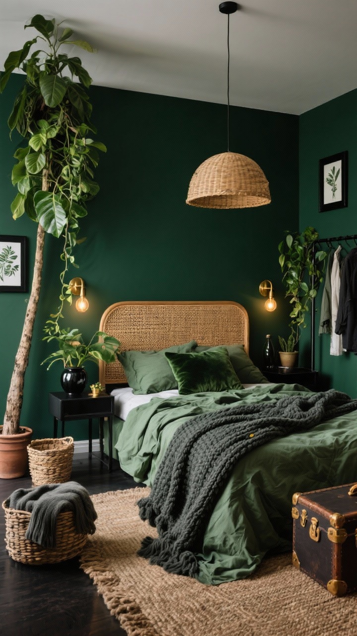 Medium, corner-angle view of a moody jungle-green boho bedroom: deep olive accent wall behind a rattan/cane headboard, crumpled bedding in mossy green and charcoal with small brass accents. Lush plants at multiple heights—hanging pothos, a tall rubber tree in the corner, and a trailing philodendron spilling over the nightstand. Textures include velvet throw pillows, a chunky knit blanket, and a sisal rug. Brass sconces with warm bulbs flank the bed; a rattan dome pendant adds texture above. Mid-century nightstands and a black metal clothing rail with a few curated garments. Simple black frames with botanical prints, glossy ceramic planters, a woven basket with throws, and a vintage trunk used as storage and a coffee perch. Warm, grounded lighting, no people, photorealistic.