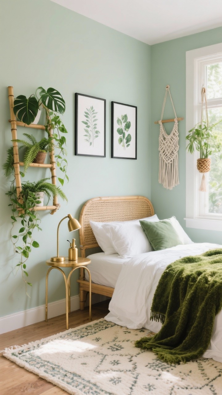 Medium corner shot, Botanical Boho Haven: soft sage/eucalyptus painted walls, cane headboard, crisp white duvet with sage linen shams and a mossy velvet throw; bamboo ladder shelf holding trailing pothos, monstera, and ferns; cream Moroccan-style rug underfoot; brass accents including slim side table, arched brass floor lamp, and small brass plant misters; botanical prints in thin black frames on wall; macramé plant hanger in the window. Photorealistic, bright natural daylight with soft shadows, corner angle.