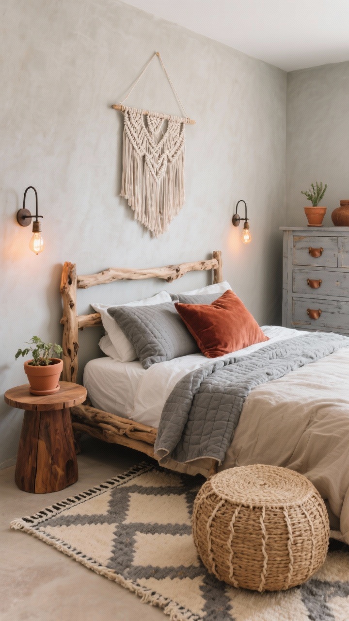 Medium corner shot, Driftwood Desert Retreat: a calm greige-walled bedroom corner with a driftwood-style reclaimed wood bed frame topped by layered gray quilt and sand-colored sheets. Above the headboard hangs a macramé wall hanging. Underfoot, a Berber-inspired rug with gray and oatmeal diamond pattern. Beside the bed sits a round mango wood side table; a woven seagrass pouf rests at the foot of the bed. Accents include a rust velvet pillow and terracotta planters. Warm, amber-toned lighting from iron sconces with Edison bulbs. Include a vintage graywashed dresser with leather pulls in the background. Airy, earthy, photorealistic, no people.