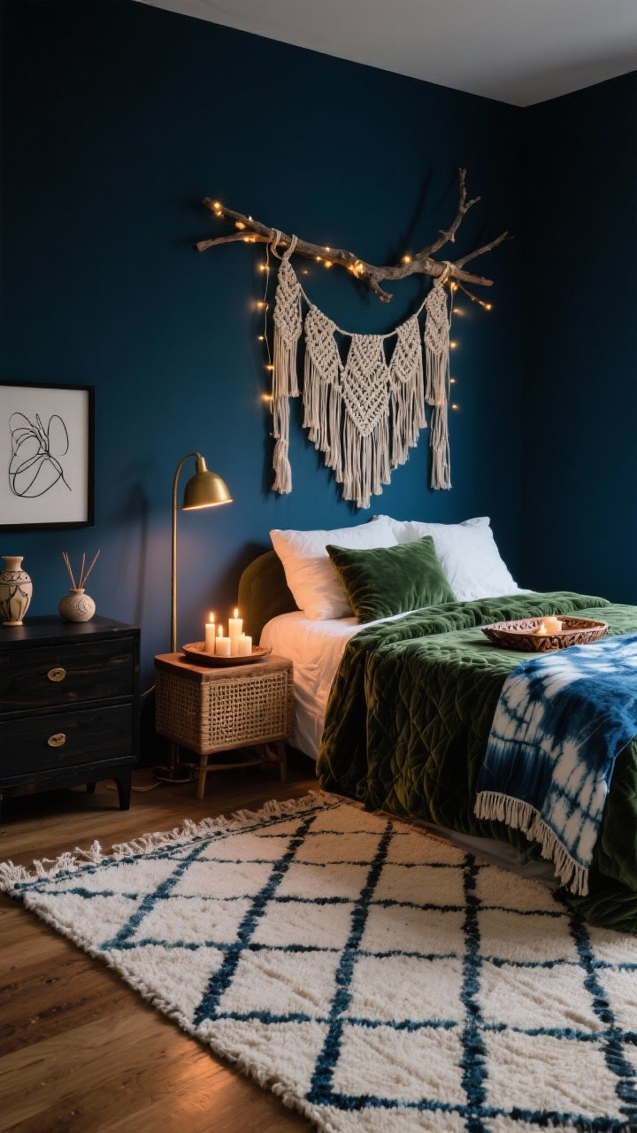Medium corner view, Moody Boho Cocoon: deep ink-blue walls, creamy macramé hanging above the bed; bed dressed with plush forest-green velvet quilt and gauzy off-white pillows; brass floor lamp in the corner as glow-only light source, fairy lights woven through a branch above the headboard, candles on a carved wood tray flickering on a cane nightstand; black-stained mango-wood dresser visible; oversized cream Moroccan rug with bold diamond pattern underfoot; accents include indigo shibori throw, ceramic incense holder, abstract line art in black frames; intimate, dramatic, cocoon-like ambience with low, warm lighting; photorealistic.