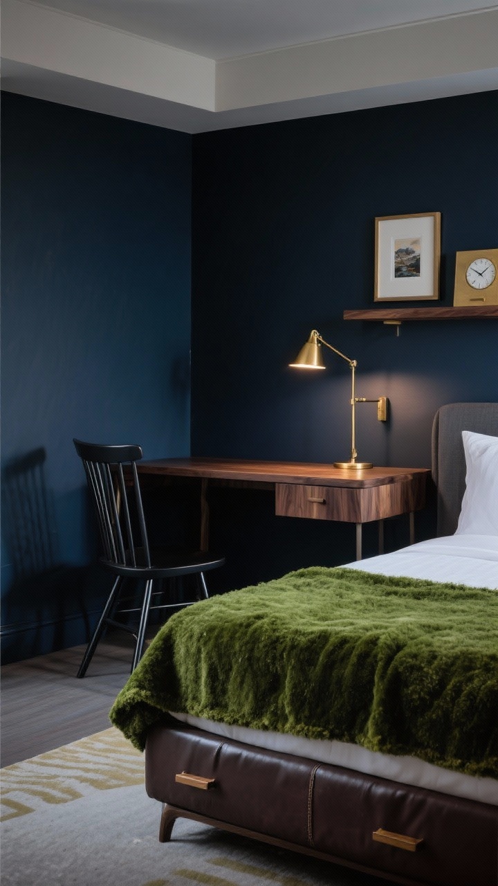 Medium corner view, Moody Charcoal Cocoon: deep charcoal-blue painted accent wall behind bed and fold-up walnut wall desk; spindle-back black chair, brass swing-arm wall light illuminating the desk; velvet moss throw on the bed; low-profile underbed drawers with leather pulls partially visible; gallery ledge above the desk with framed art and a small clock, no heavy shelving; palette of charcoal, inky blue, walnut, brass, and moss green; dramatic yet cozy hotel-suite vibe, soft evening lighting, photorealistic.