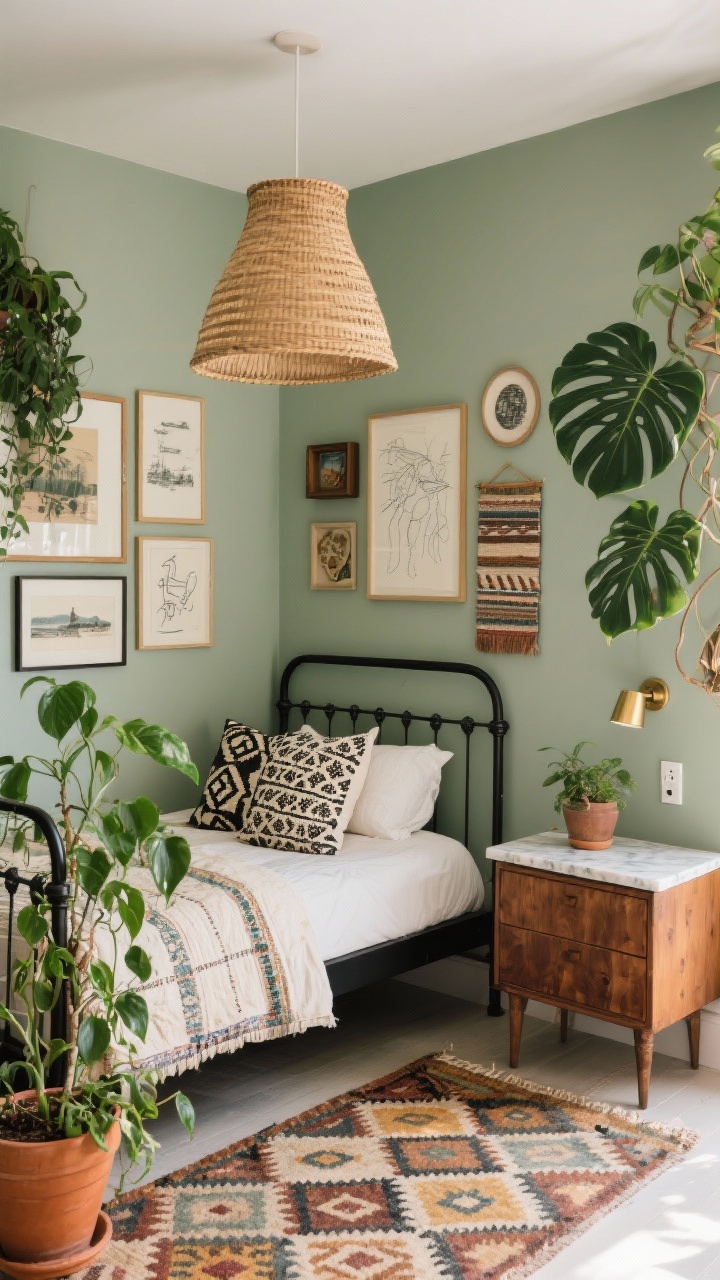 Medium corner vignette, Eclectic Plant-Filled Sanctuary: a simple black metal bed layered with block-printed pillows and a cotton kantha quilt; intentionally mismatched nightstands—one vintage wood piece with a terracotta pot holding a trailing pothos, the other a modern marble-topped table with a plug-in brass sconce above; walls painted soft sage/muted olive; a flatweave kilim rug with geometric pattern and earthy brights underfoot; gallery wall mixing travel mementos, line drawings, and textiles framed in shadow boxes; additional plants include a fiddle leaf fig and a sculptural monstera; a rattan pendant overhead; photorealistic, soft morning light.
