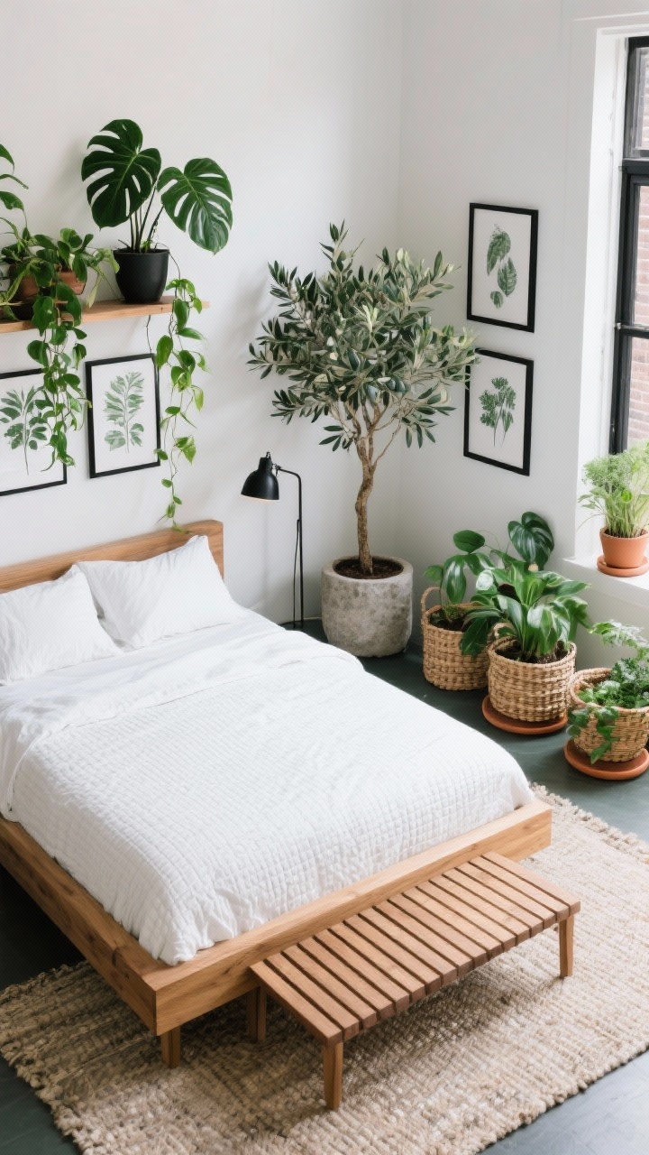 Medium overhead angle, Plant-Lover’s Urban Oasis: maple platform bed with crisp white waffle duvet; slatted wooden bench at the foot of the bed; neutral flatweave rug beneath; layered greenery showcased—trailing pothos on a high shelf, potted monstera beside the bed, and a statement olive tree in a stone planter; woven baskets used as planters with terracotta saucers; gallery wall of black picture frames featuring botanical prints; matte black floor lamp in the corner; palette of white, maple, black, deep green; bright natural light, clean lines, lush plant life; photorealistic.
