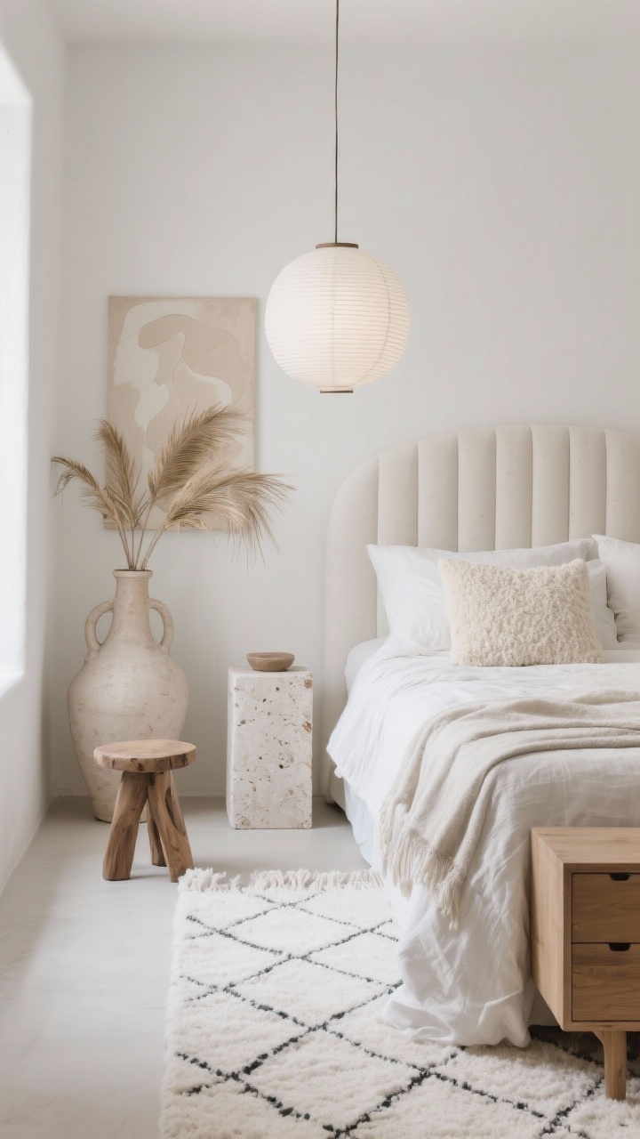 Medium, serene vignette: Minimalist monochrome boho bedroom corner in shades of white, bone, and greige with soft, diffuse light from a paper lantern pendant overhead. A curved upholstered headboard in ivory linen backs tone-on-tone bedding: crinkled linen duvet, percale sheets, wool gauze blanket, and a single cream bouclé statement pillow. Floor shows an ivory Moroccan shag rug with a subtle diamond pattern. Nightstands are plaster-look pedestals or travertine cubes. Decor includes a large amphora-style vase with dried palm fronds, a sculptural wood stool, and a single oversized beige-on-beige abstract print. A low-profile wood dresser with no hardware sits unobtrusively. Photorealistic, straight-on minimalist composition.