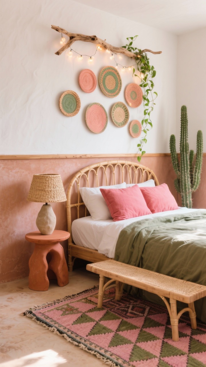 Medium shot from a corner angle: A desert boho bedroom with clay-rose limewash on the lower half of the walls, creamy white above, divided by a slim oak rail. The bed features a curved cane headboard with olive cotton bedding and watermelon-pink pillows. Beside the bed, a sculptural terracotta side table and a chunky plaster lamp with a raffia shade. A low cedar bench sits at the foot of the bed. The floor shows a hand-knotted rug with geometric diamond patterns in pink and green. On the wall, a clustered arrangement of woven plates in soft coral and green tones. Spiky cacti and trailing pothos add height and spill. Micro-fairy lights are strung around a driftwood branch above the headboard, creating soft, warm mood lighting. Photorealistic, sun-kissed atmosphere, no people.