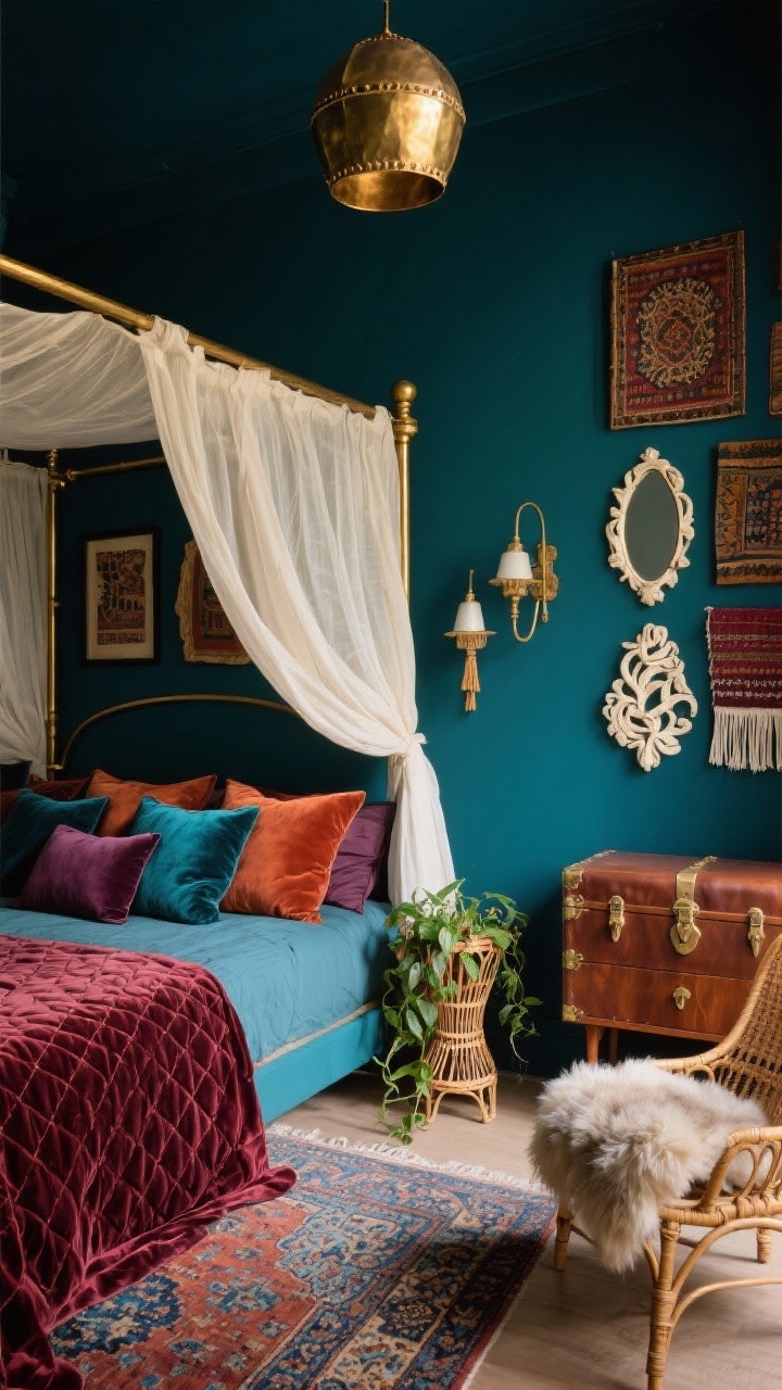 Medium shot from a corner angle: A Velvet Nomad bedroom with deep inky teal walls and a brass canopy bed draped in gauzy ivory voile. A vintage Persian rug in garnet and sapphire peeks from under the bed. The bed is piled with velvet pillows in peacock, rust, and aubergine, topped with a quilted velvet coverlet. To one side, a mid-century walnut dresser with rounded corners and a leather-topped trunk as a nightstand. Fringe-trimmed sconces and a hammered brass drum pendant cast a warm, gilded glow. A gallery wall of framed textiles and a carved bone mirror add eclectic charm. A cane lounge chair with a sheepskin throw and a rattan plant stand with trailing pothos add texture. Moody, theatrical lighting, photorealistic.