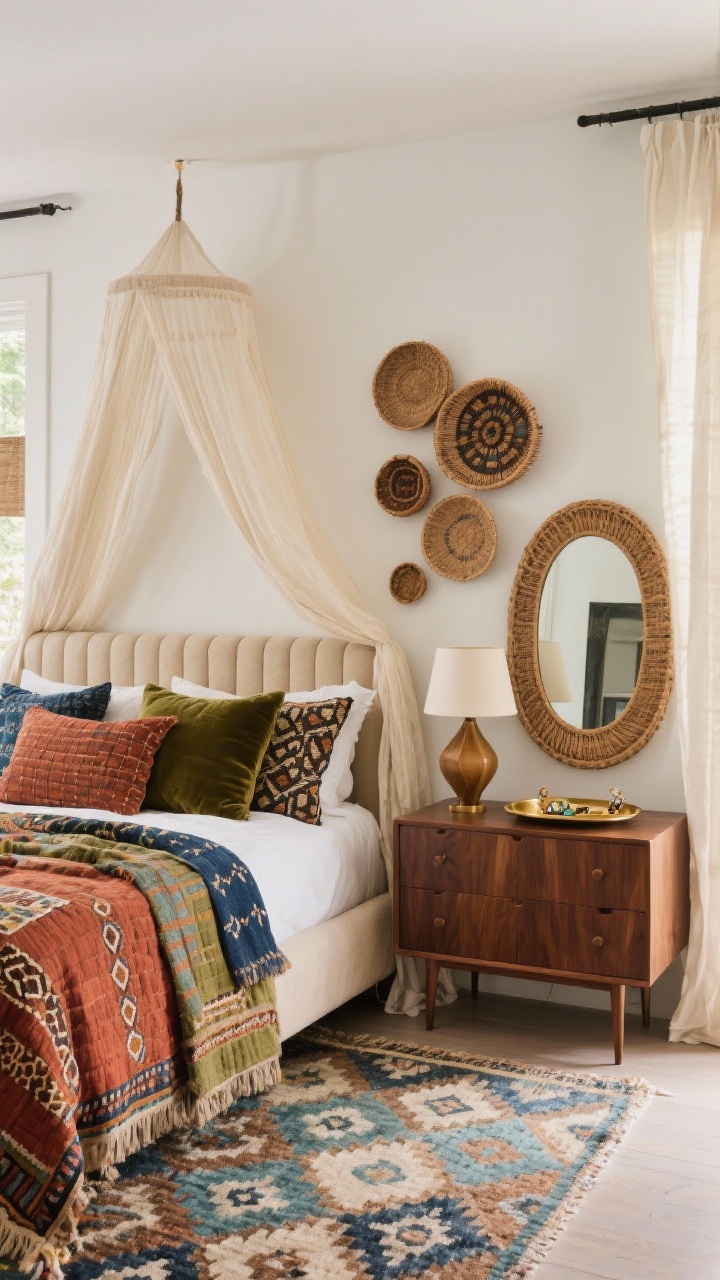Medium shot from a corner angle, Curated Eclectic With Layered Textiles: an upholstered oatmeal bed with a gauzy canopy draped overhead; bed layered with a kantha quilt and patterned pillows in rust, olive, and indigo including velvet and block-printed designs; kilim/Moroccan rug with geometric pattern anchoring the floor; sleek mid-century walnut dresser with sculptural table lamps for balance; rattan-framed mirror leaning above the dresser; clustered basket wall art arranged asymmetrically; cream linen curtains framing soft daylight; a brass tray with jewelry on the dresser; palette of rust, olive, indigo, walnut, and cream; collected yet cohesive, modern shapes with boho layers; photorealistic.