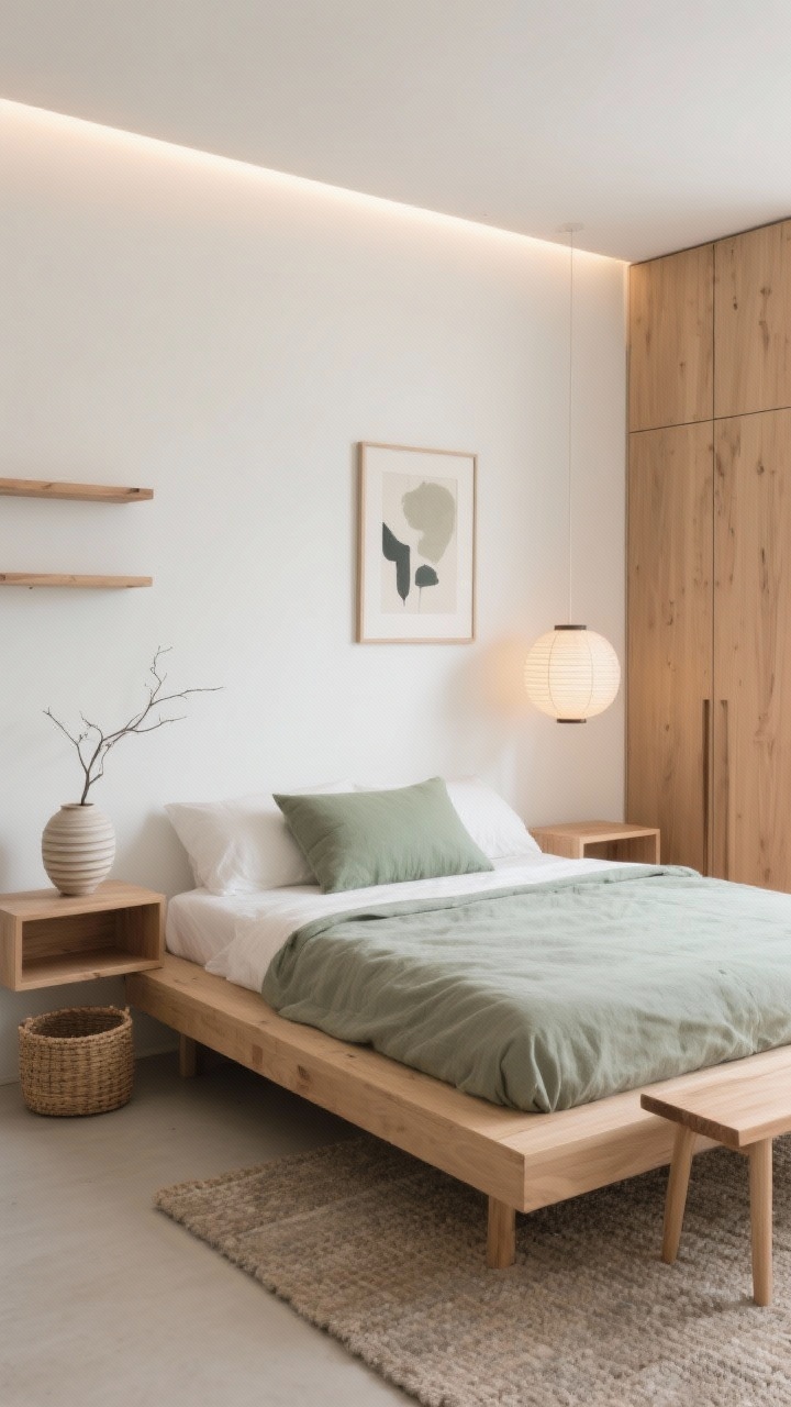 Medium shot from corner angle: A soft minimal Japandi bedroom with warm white walls, low-profile light oak platform bed, stone-colored cotton duvet, single sage lumbar pillow. Floating oak shelves as nightstands, a rice-paper lantern pendant casting diffused glow, hidden LED strip washing the wall behind the headboard. A ribbed ceramic vase holding a single branch, slim oak bench at foot, textured neutral rug, woven basket, one abstract print on the wall, tall oak wardrobe with sliding doors. Palette: warm whites, light oak, stone, soft sage. Serene, uncluttered, soft morning light.