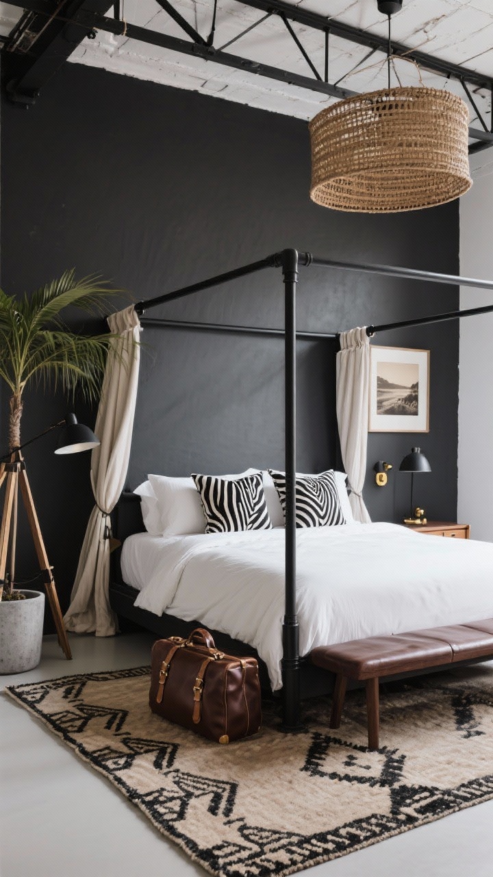 Medium shot, Modern Safari Loft: Clean-lined loft bedroom with charcoal walls, crisp white bedding, and espresso-stained furniture. Matte black metal canopy bed with simple canvas drapes tied back. Flatweave rug with subtle tribal pattern in taupe and black underfoot. Accents: a pair of zebra-print pillows on the bed (minimal), campaign-style dresser with brass hardware, and an oversized palm in a concrete planter providing height. Lighting: sculptural tripod floor lamp, black wall sconces, and a woven drum pendant overhead. A leather weekender sits on a bench at the foot of the bed. Sepia-toned travel prints framed on the wall. Strong, directional daylight for a bold, tidy atmosphere. Straight-on view.