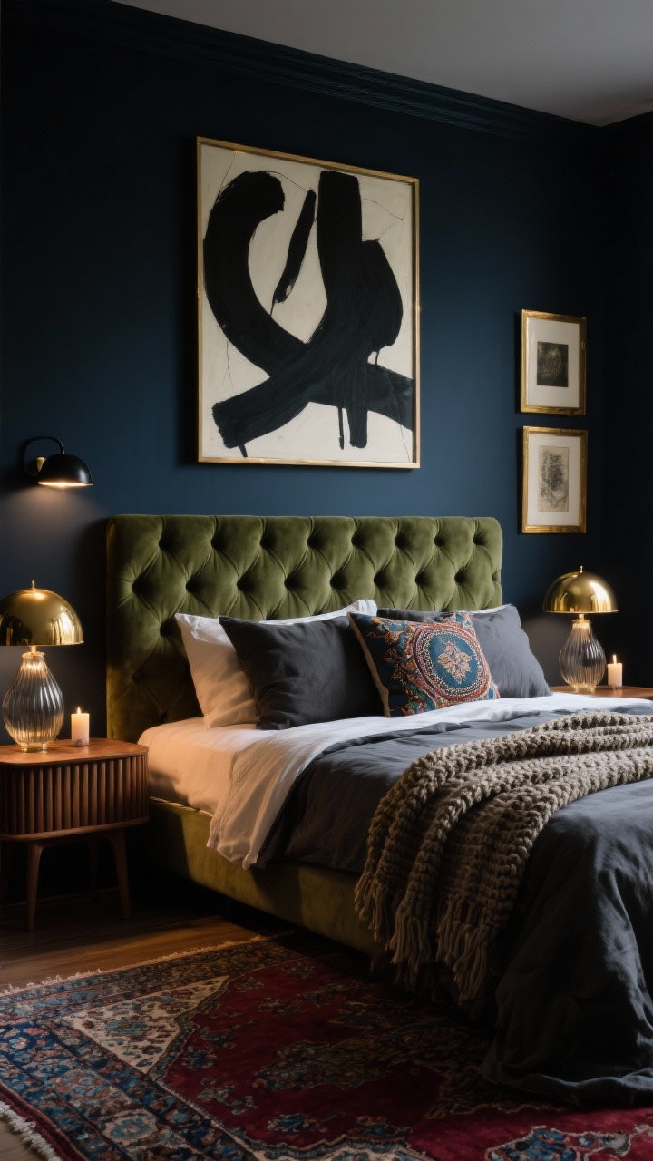 Medium shot, Moody Boho Luxe With Brass Accents: a deep inky wall in charcoal/near midnight blue behind a velvet tufted headboard in moss, bed layered with stonewashed linen bedding in charcoal and putty; fluted walnut nightstands on both sides topped with brass dome lamps casting candlelike glow; vintage Persian rug peeking out with burgundy and indigo tones; chunky knit throw and embroidered cushions; oversized abstract art in black and cream above the bed, brass-framed prints nearby, smoky glass vase on a nightstand; subtle modern edge via a clean-lined black sconce or an LED strip hidden behind the headboard; photorealistic, moody low evening light, straight-on view.