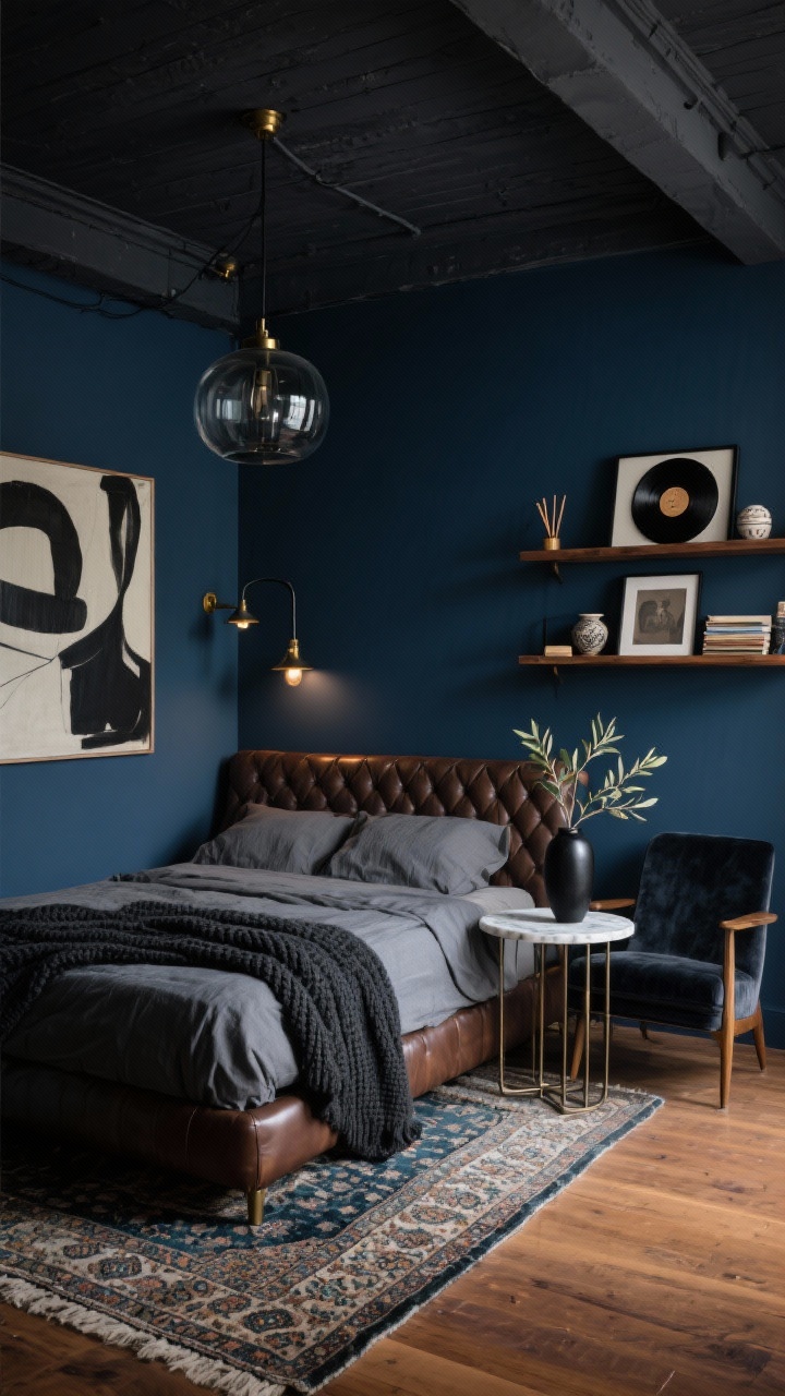 Medium shot, Moody Urban Bohemia: Brooding bedroom with ink blue walls, charcoal ceiling, and warm wood floors. Centered tufted leather bed in espresso, dressed in slate and smoke linen with a heavy coal knit throw. Layered Persian or Beni Ourain rug softening the space. Metal accents in aged brass and blackened steel on hardware and decor. Floating walnut shelves holding records, incense, and ceramics. Lighting: smoked-glass pendant overhead and dimmable black swing-arm sconces casting moody pools of light. Walls feature leaning oversized abstract canvases and a gallery ledge with stacked frames. A charcoal velvet chair with a small marble-topped side table forms a reading nook; olive branches in a black vase add subtle organic contrast. Low, evening lighting for cinematic depth. Corner angle.
