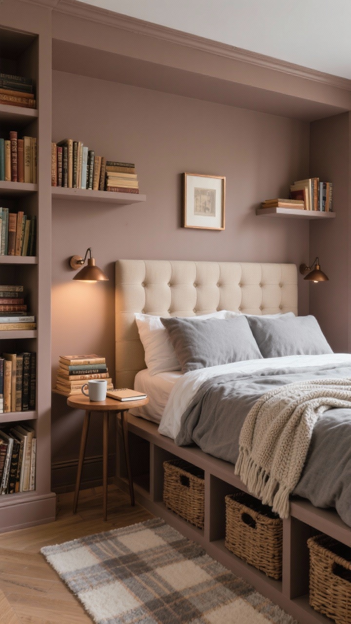 Medium shot, straight-on library bed niche: Cozy book lover’s setup with mushroom-colored walls and built-in-look slim bookcases framing a tufted oatmeal headboard, connected by a shelf bridge above. Flannel bedding in dove grey, bronze picture light centered over the books, clip-on reading lights attached inside shelves. Tiny round side table with a mug and notebook, stacked vintage books, knit throw draped on the bed, subtle plaid rug underfoot, storage baskets on lower shelves. Warm, intimate lighting, palette of mushroom, oatmeal, dove grey, bronze.